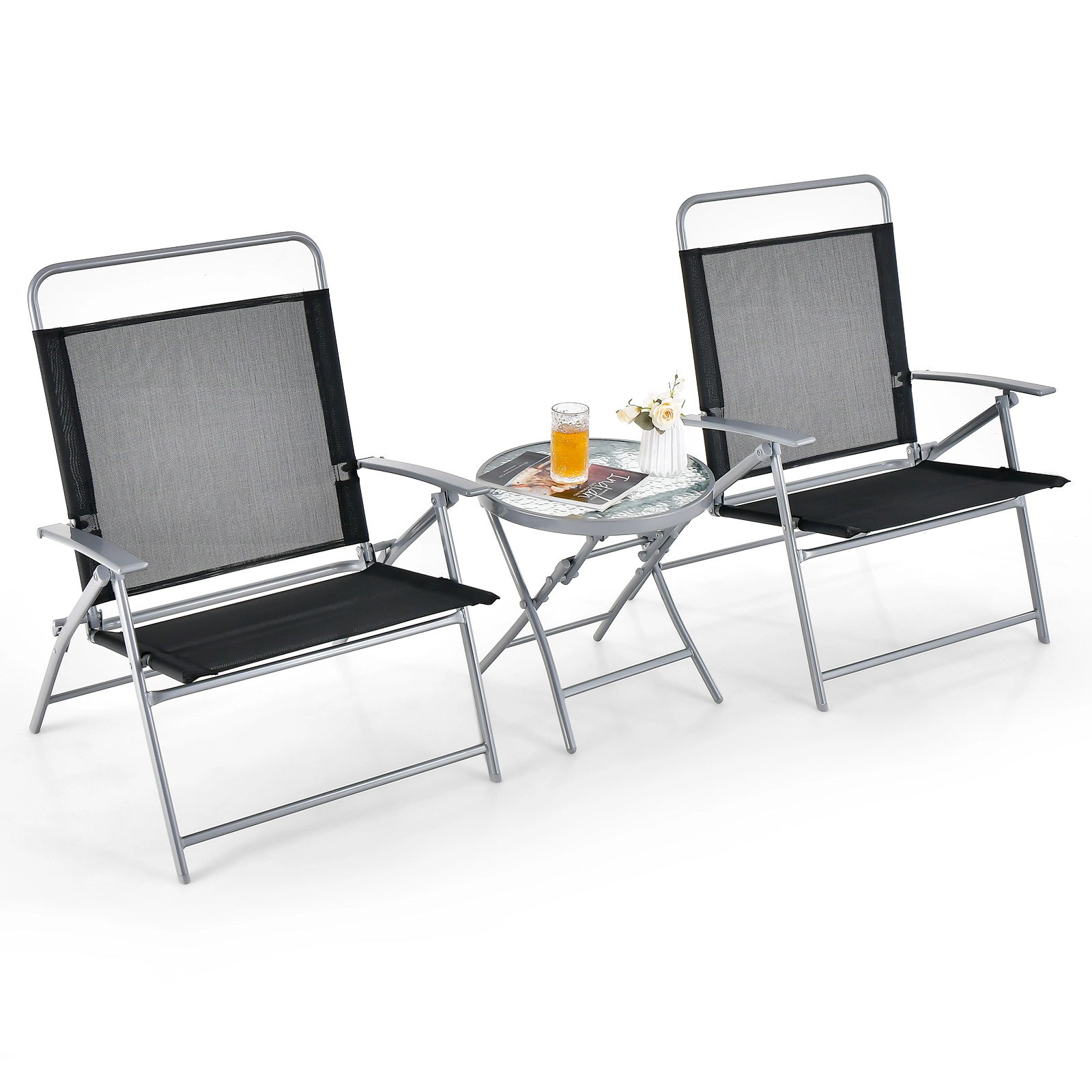 SUGIFT 3-Piece Patio Folding Metal Conversation Set with 27.5-in Chair Seat Depth 330-lb Chair Capacity Black Silver