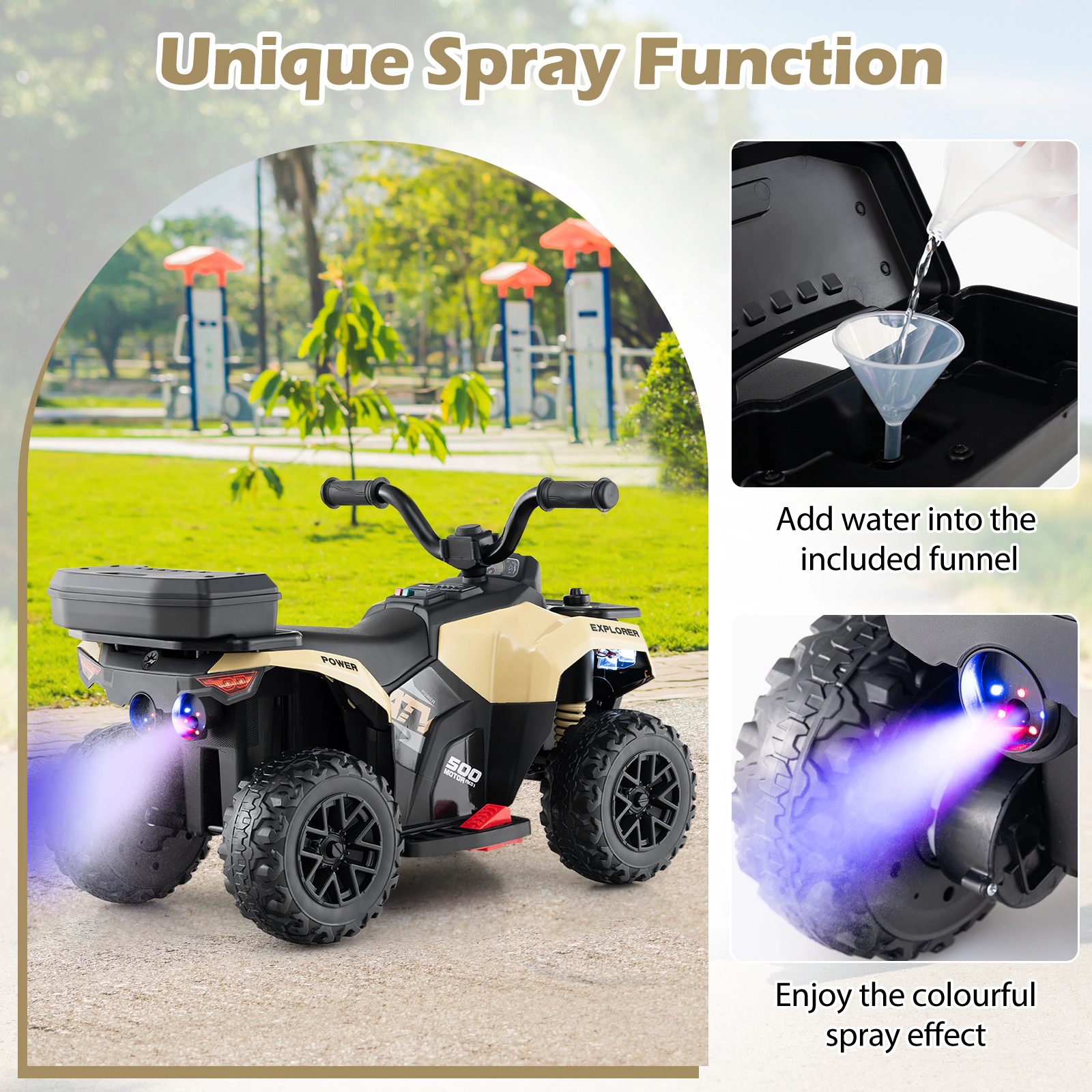 SUGIFT 6V Kids Ride On ATV with Spray Function and Storage Box 44-lb Capacity Ages 18 Months and Up Khaki with Music