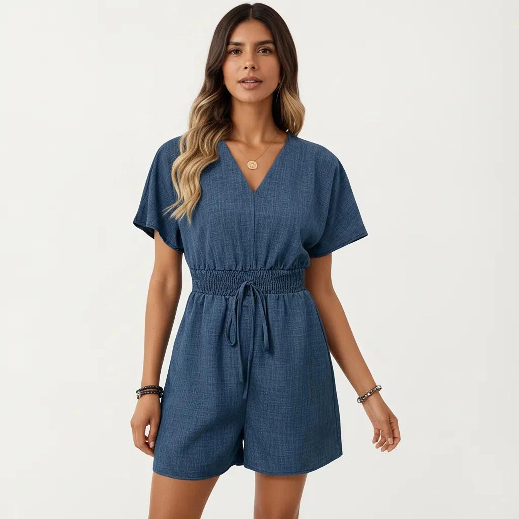 Anna-Kaci Womens Short Sleeve V-Neck Smocked Waist Romper