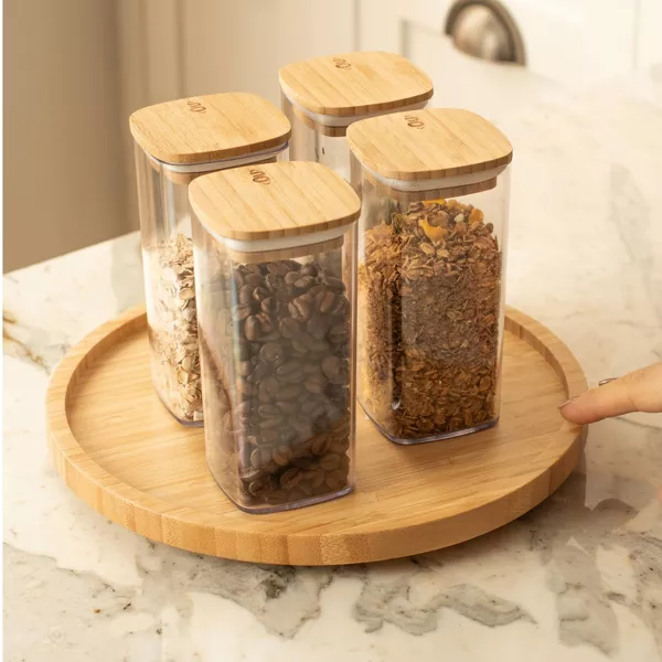 OU Airtight Food Storage Container Set 8pc, Clear Plastic Container w/ Leak Proof Bamboo Lid, Stackable Pantry Organizer