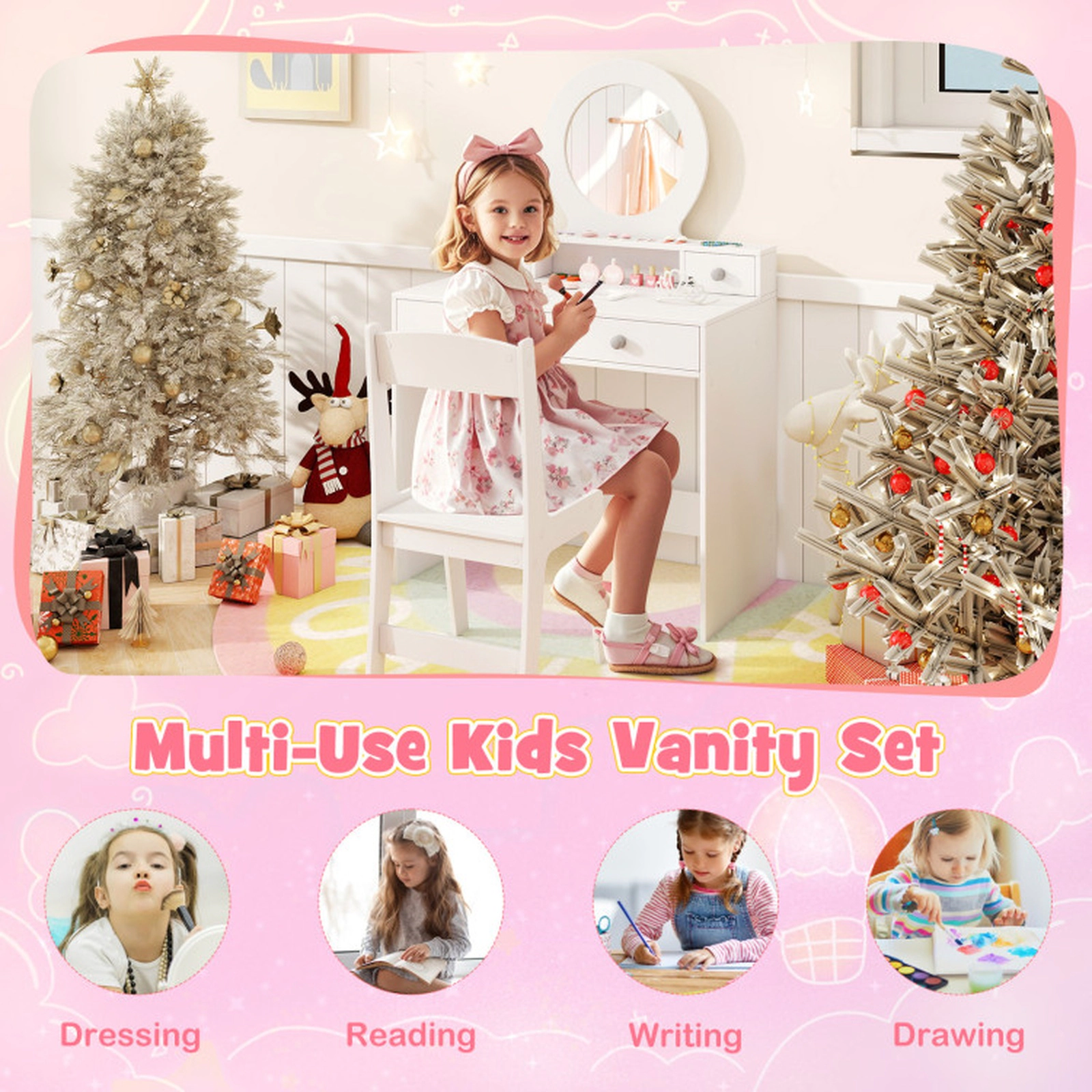 SUGIFT Kids Vanity Table and Chair Set with Acrylic Mirror 110-lb Tabletop 165-lb Chair Capacity Ages 3+ White