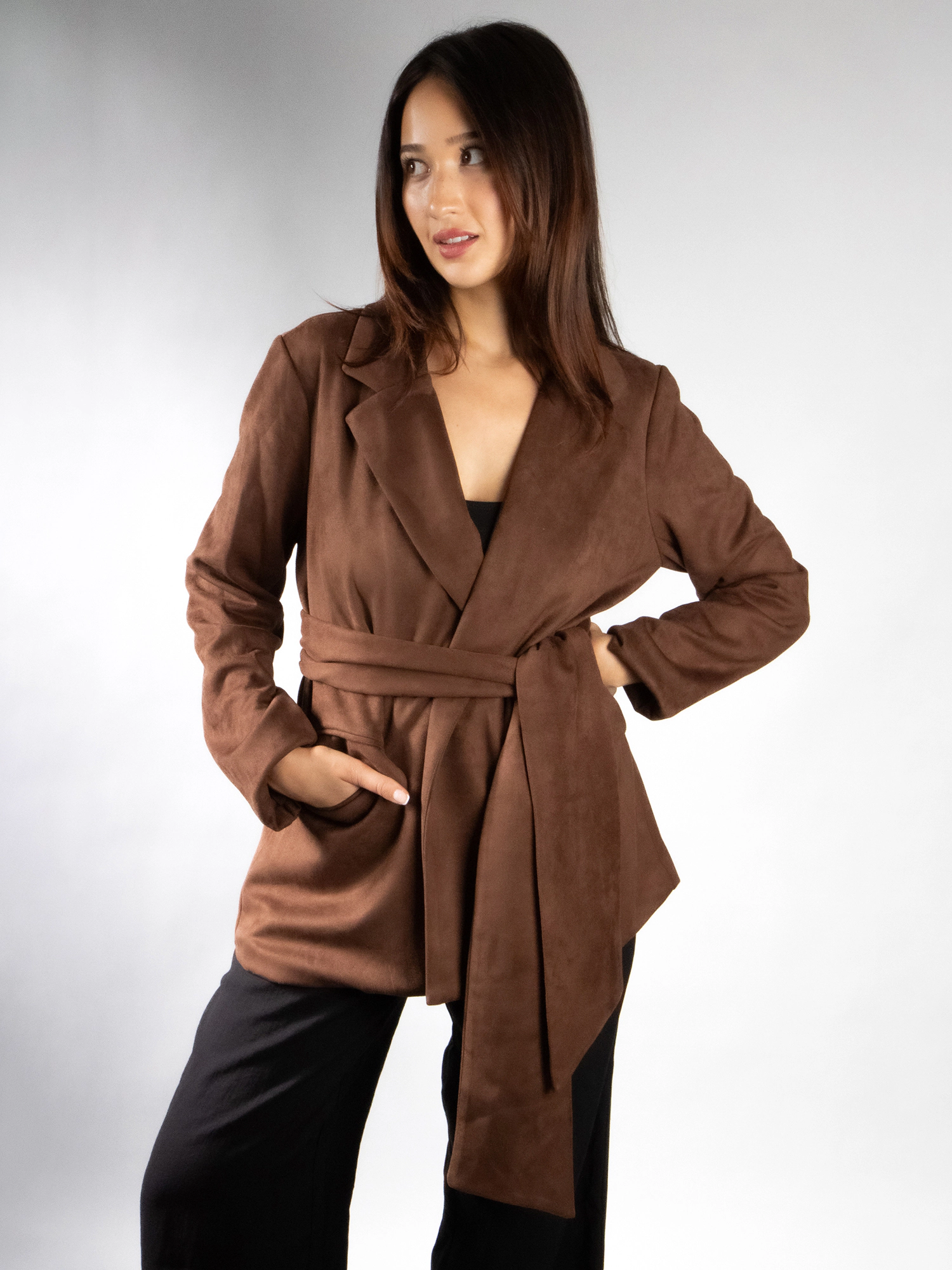 JESS by Meiko Women's Faux Suede Notched Lapel Wrap Belt Blazer