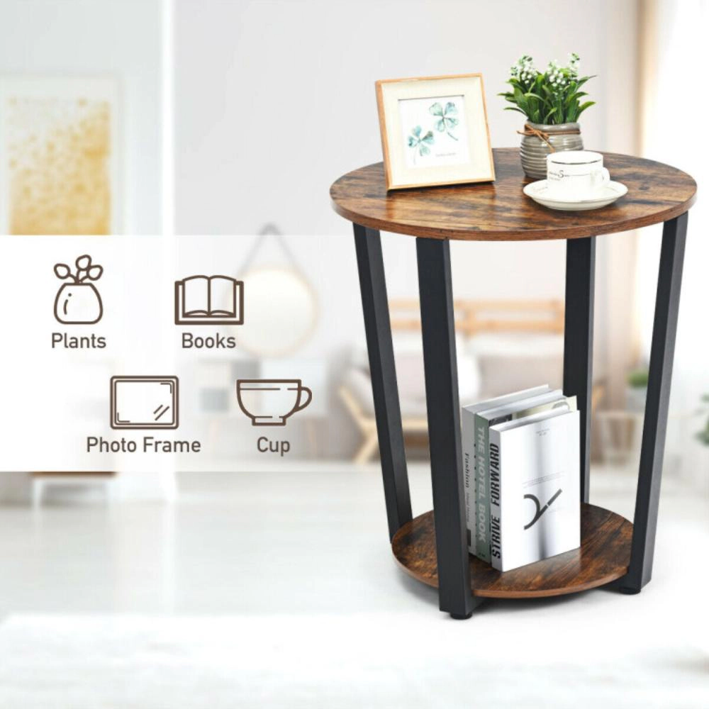 Hivvago 2-Tier Round End Table With Storage Shelf And Metal Frame