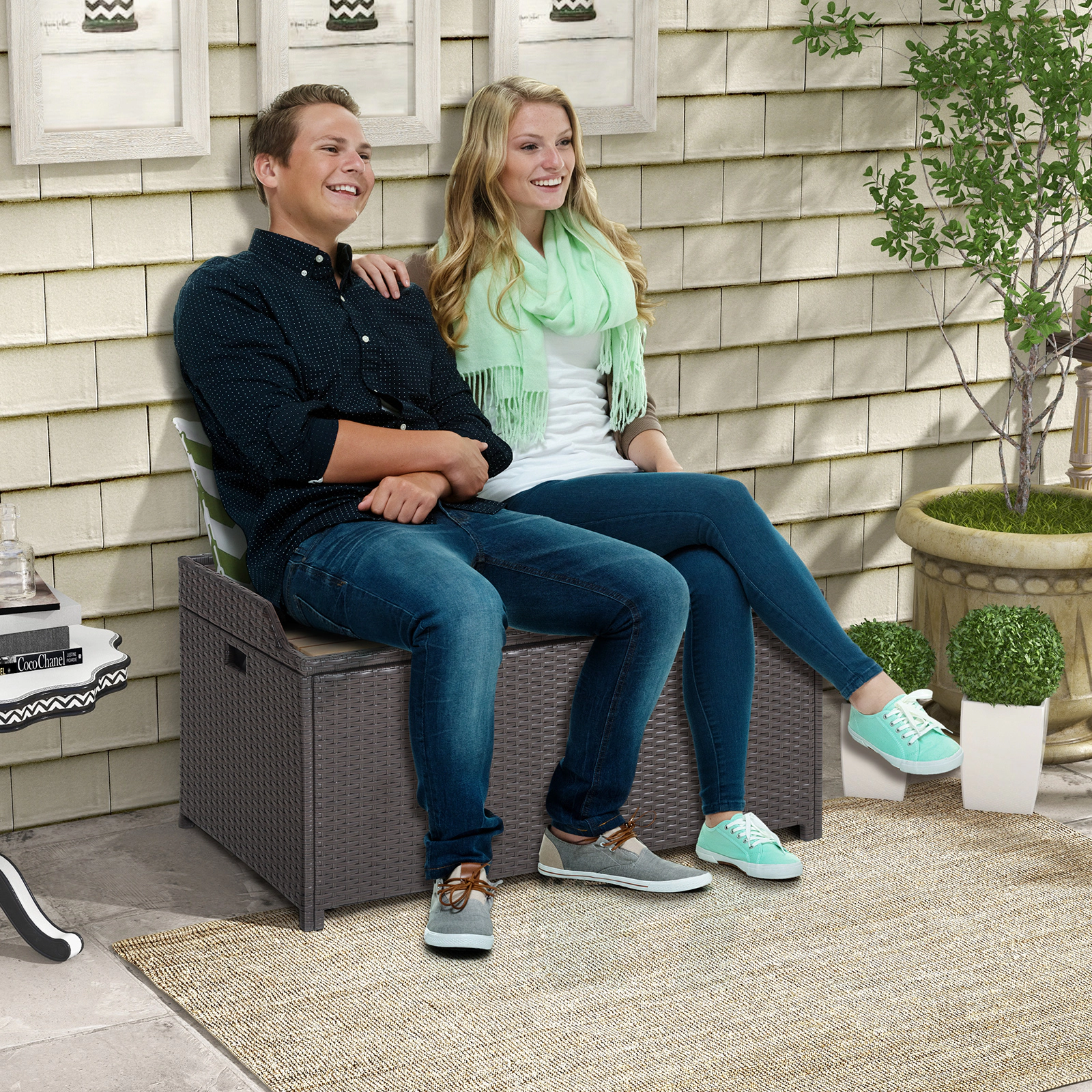 SUGIFT 45-Gallon Outdoor Storage Bench with Zippered Liner 795-lb Seating Capacity 66-lb Inner Load Mix Brown
