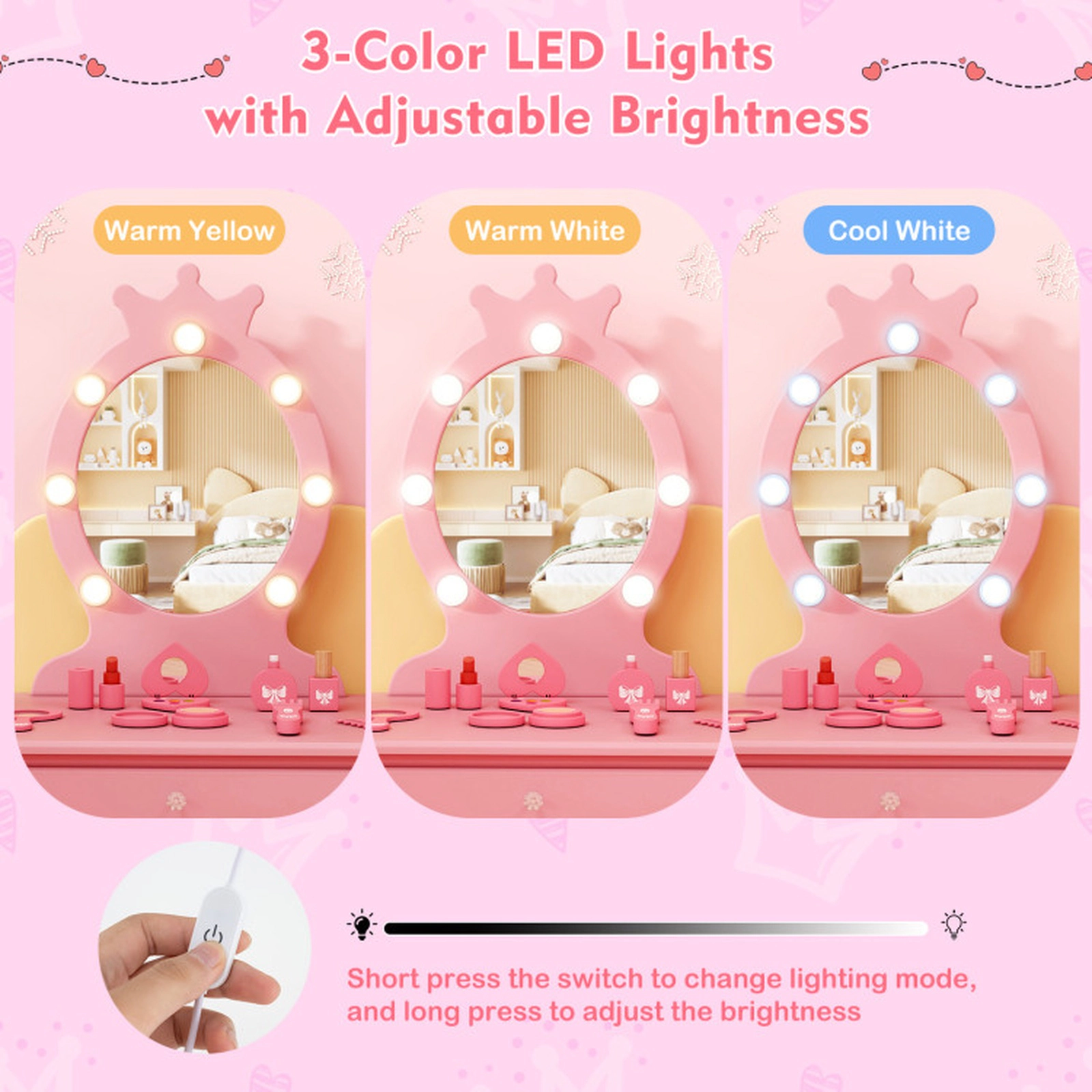 SUGIFT Pink Lighted Mirror Adjustable Brightness Large Drawer and Padded Stool Kids Vanity Set