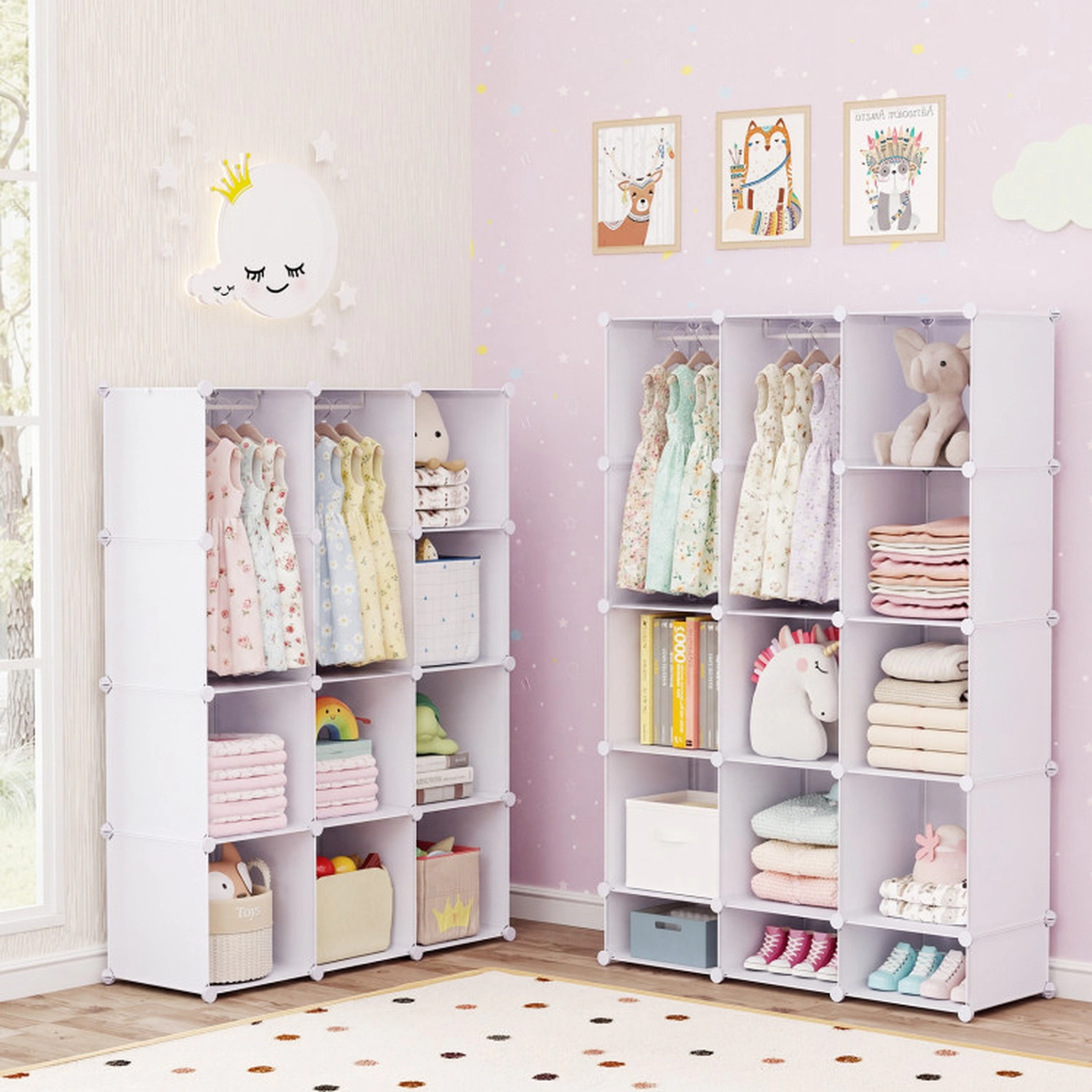 SUGIFT Modular Baby Wardrobe Toy Organizer with 10 Cubes Hanging Rod and Shelves 6.5-lb Cube Capacity Stackable White