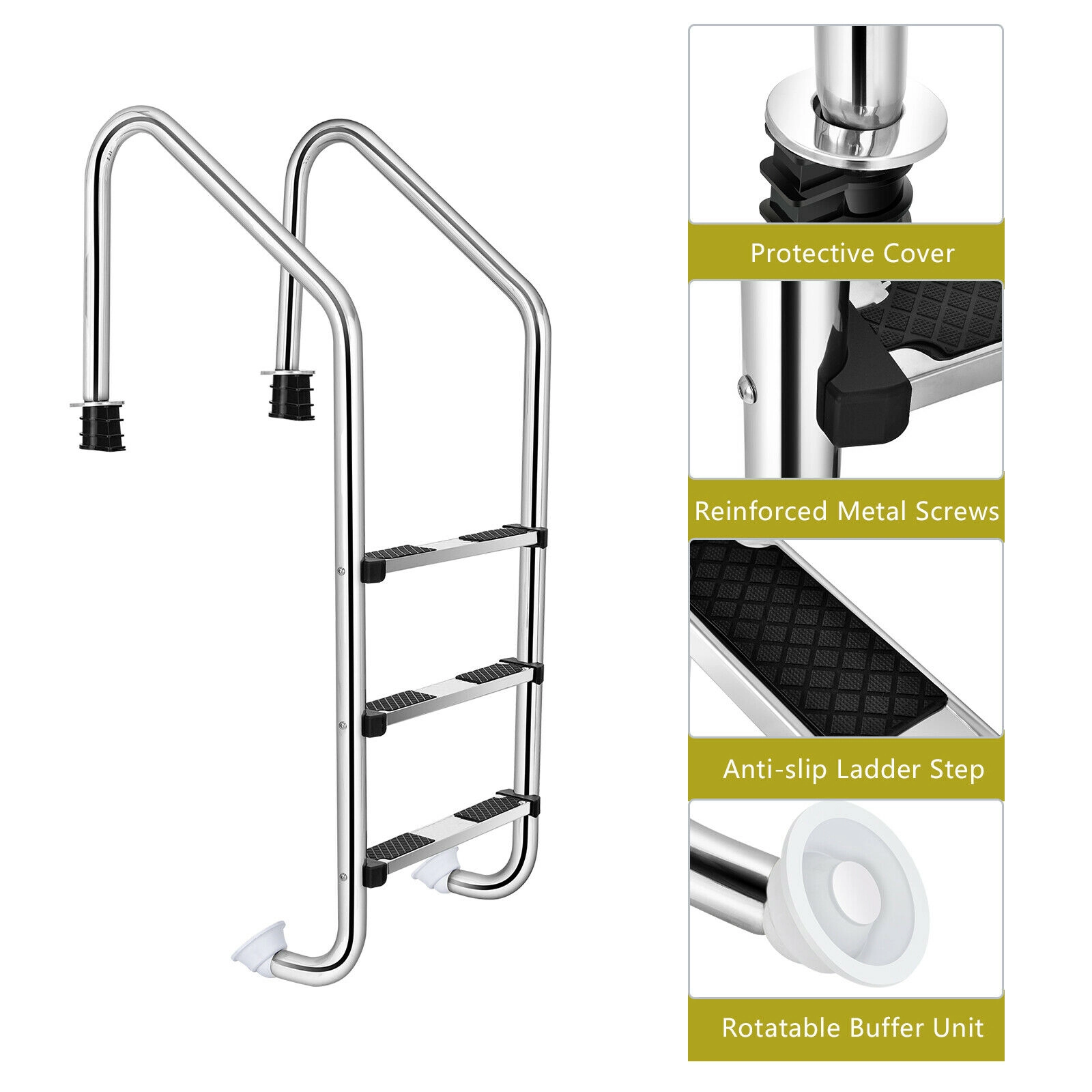 SUGIFT 3-Step Swimming Pool Ladder 265-lb Capacity Silver with Anti-Slip Steps and Curved Handrails