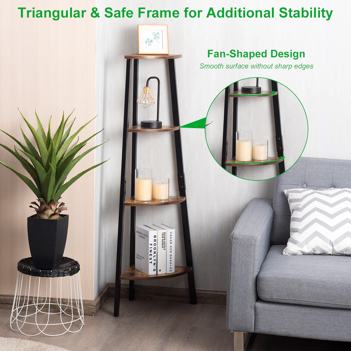 COSTWAY 4-Tier Corner Shelf Metal Storage Rack Bookcase Plant Display Stand Natural