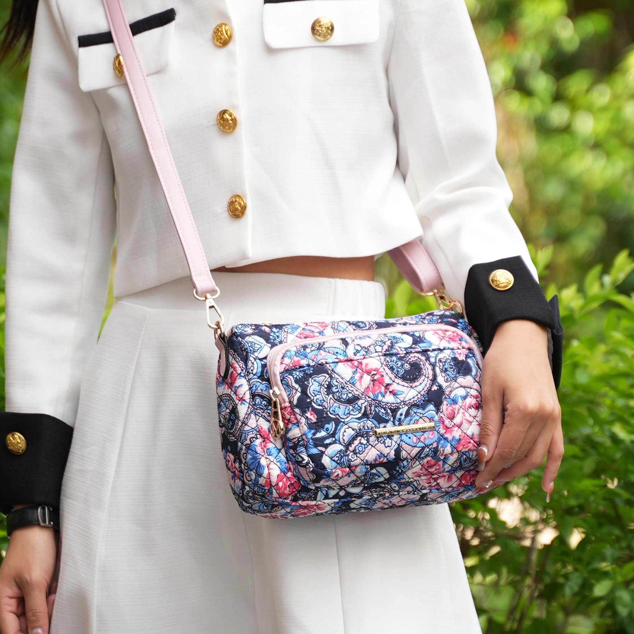 MKF Collection by Mia K.  Rosalie Shoulder Bag - Quilted Botanical Cotton with Adjustable Vegan Leather Crossbody Strap