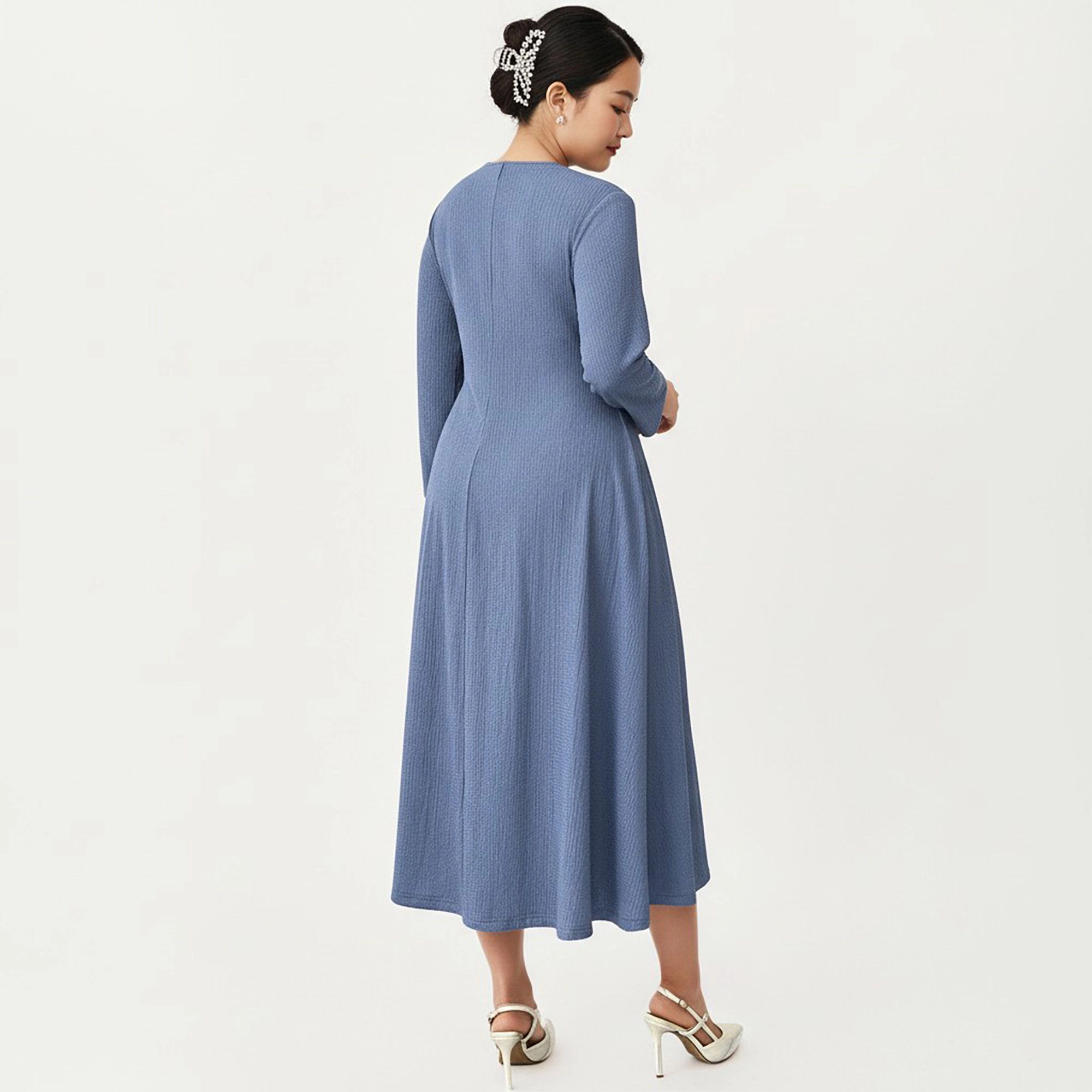 Anna-Kaci Women's Plus Long Sleeve Fitted Bodice Flared Skirt Square Neck Midi Dress