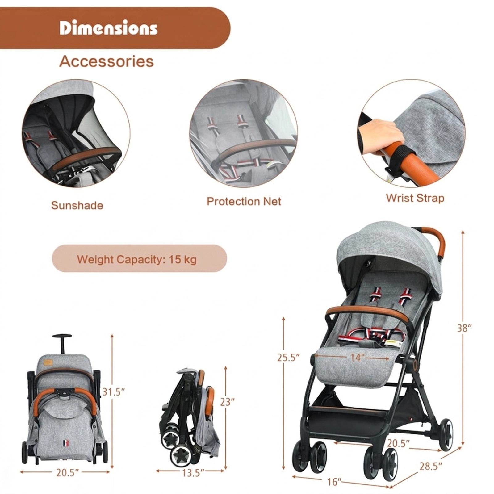 SUGIFT Gray 33-lb Capacity Lightweight Aluminum Baby Stroller with One-Button Fold and Mosquito Net