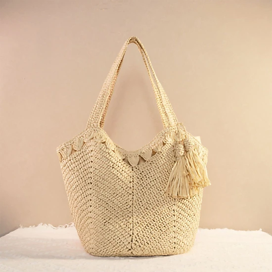 Alilang Women's Tassel Straw Tote Bag with Zipper Closure for Beach and Travel