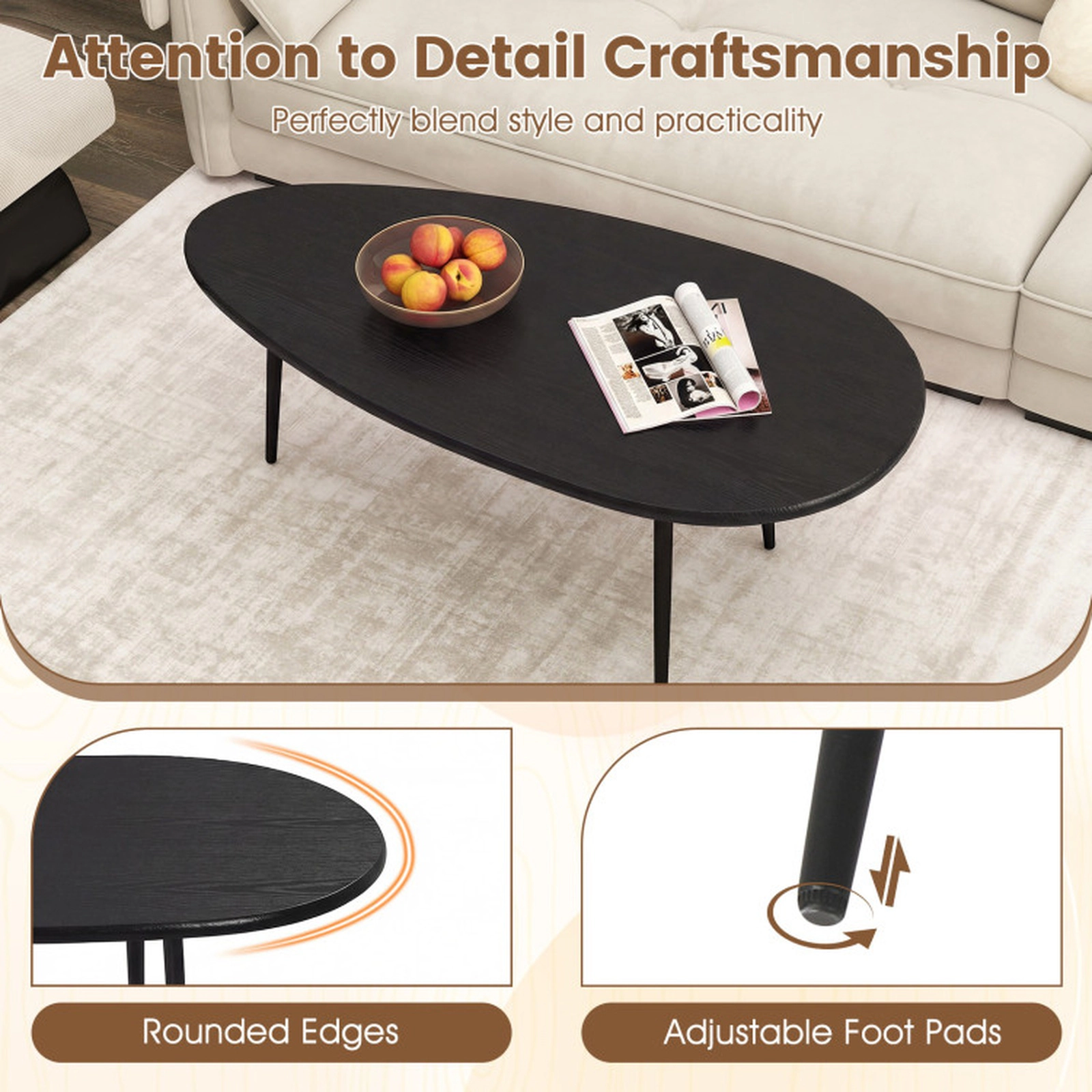 SUGIFT Irregular Oval Top Tapered Metal Legs Mid Century Coffee Table 42.5-in x 22-in x 17-in 99-lb Capacity Black