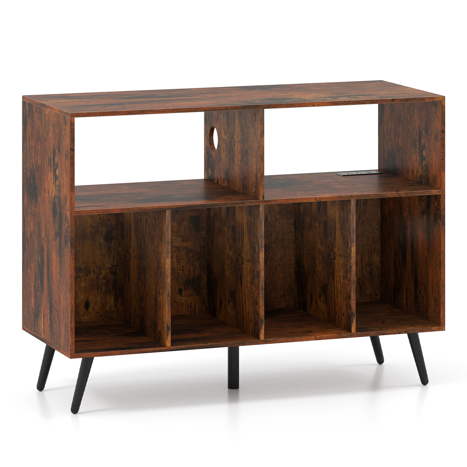 Glintex 40-Inch Record Player Stand with 4 Record Compartments and Charging Ports, Rustic Brown