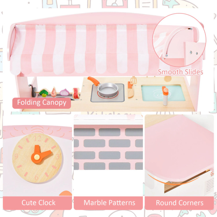 Hivvago Double-Sided Kids Play Kitchen Set with Canopy and 2 Seats