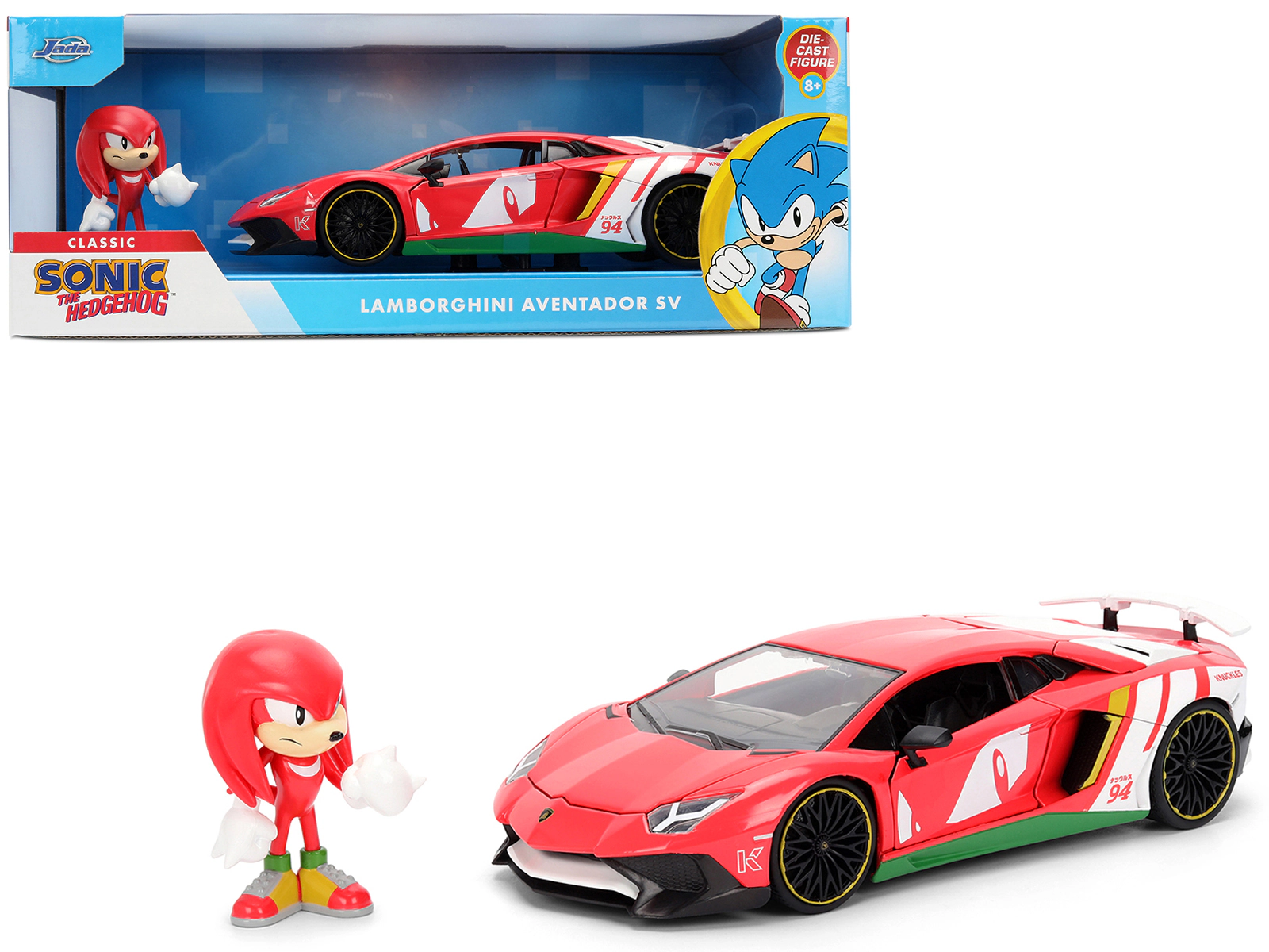 Jada Lamborghini Aventador SV Red with Graphics and Knuckles Diecast Figure "Sonic The Hedgehog" Franchise