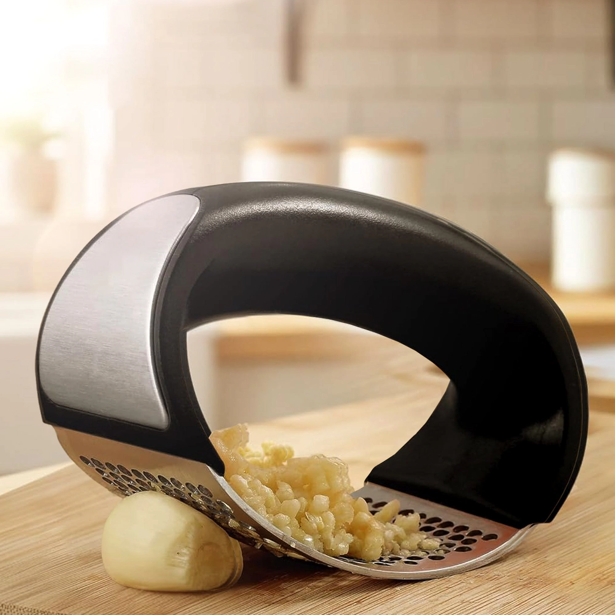 Cheer Collection Garlic Press Rocker Set, Stainless Steel with Peeler and Brush