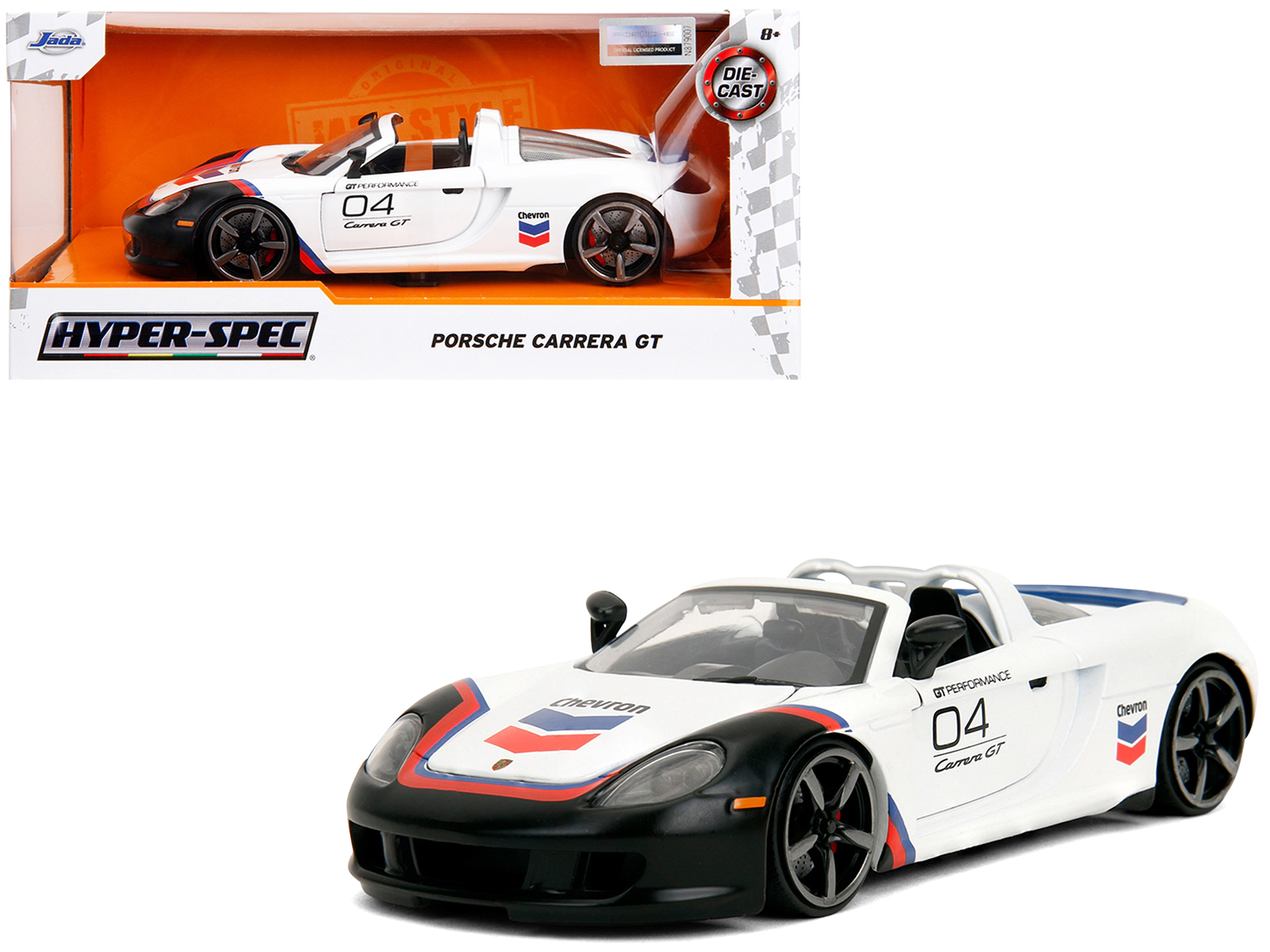 Jada Porsche Carrera GT Convertible #04 "Chevron" White with Graphics "Hyper-Spec" Series 1/24 Diecast Model Car by Jada