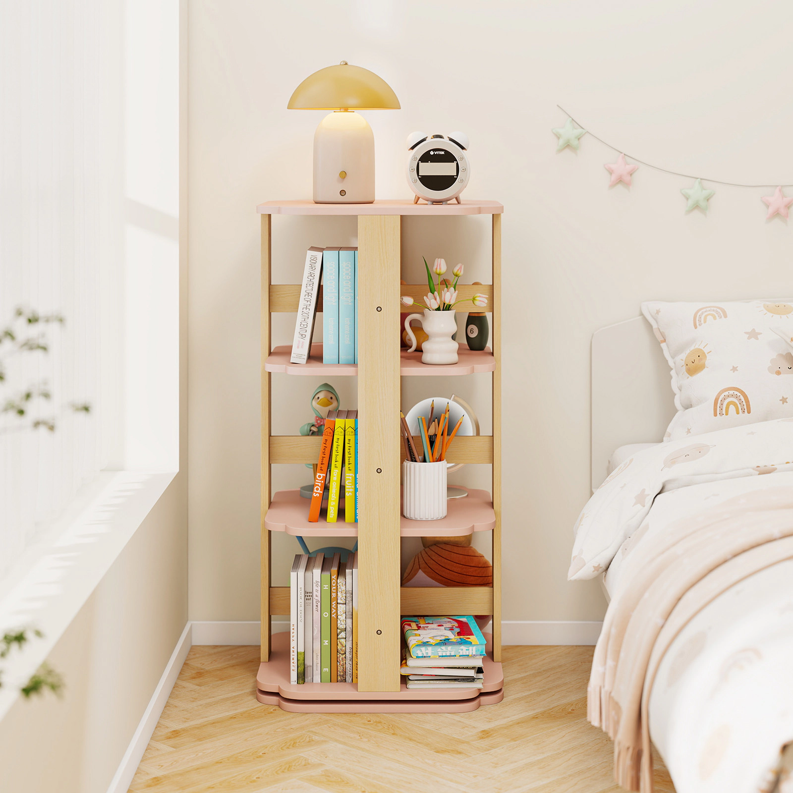 SUGIFT 3-Tier Rotating Corner Toddler Book Rack Toy Organizer with 12 Sectors 38-in Tall Ages 3+ Pink MDF