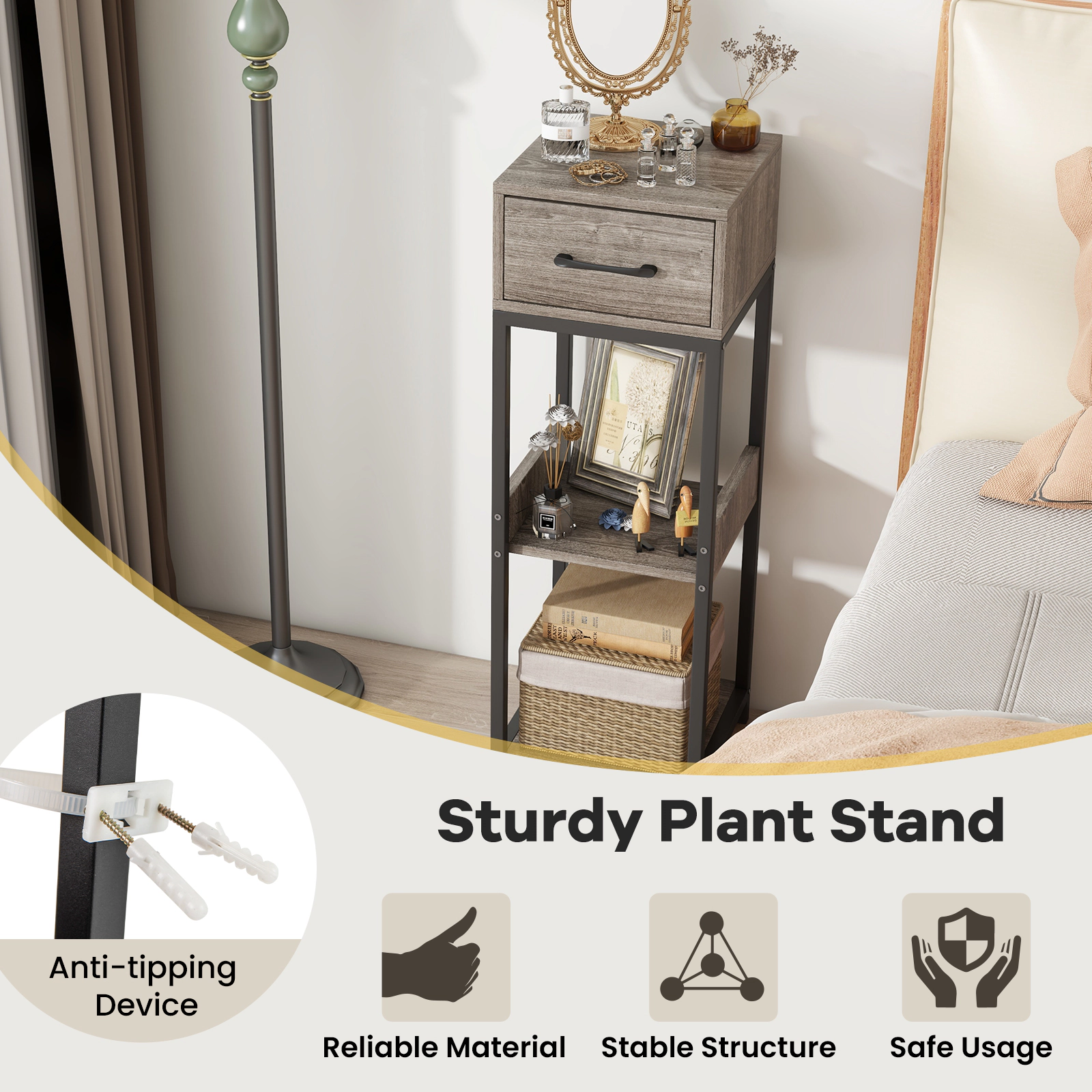 Slickblue 3-Tier Plant Stand with Drawer Grey Wood and Black Metal Shelf