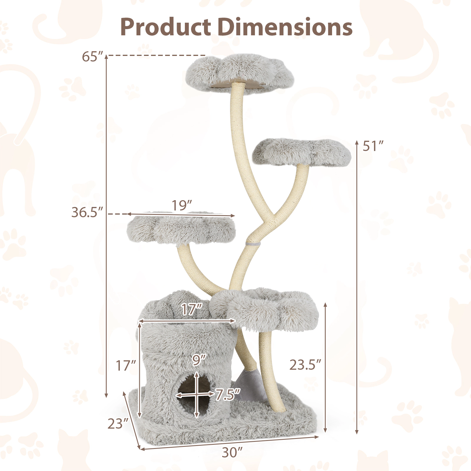 SUGIFT 4-Tier Freestanding Cat Tree Tower with Flower-Shaped Platforms and Sisal Posts 28.5-lb Capacity White/Gray