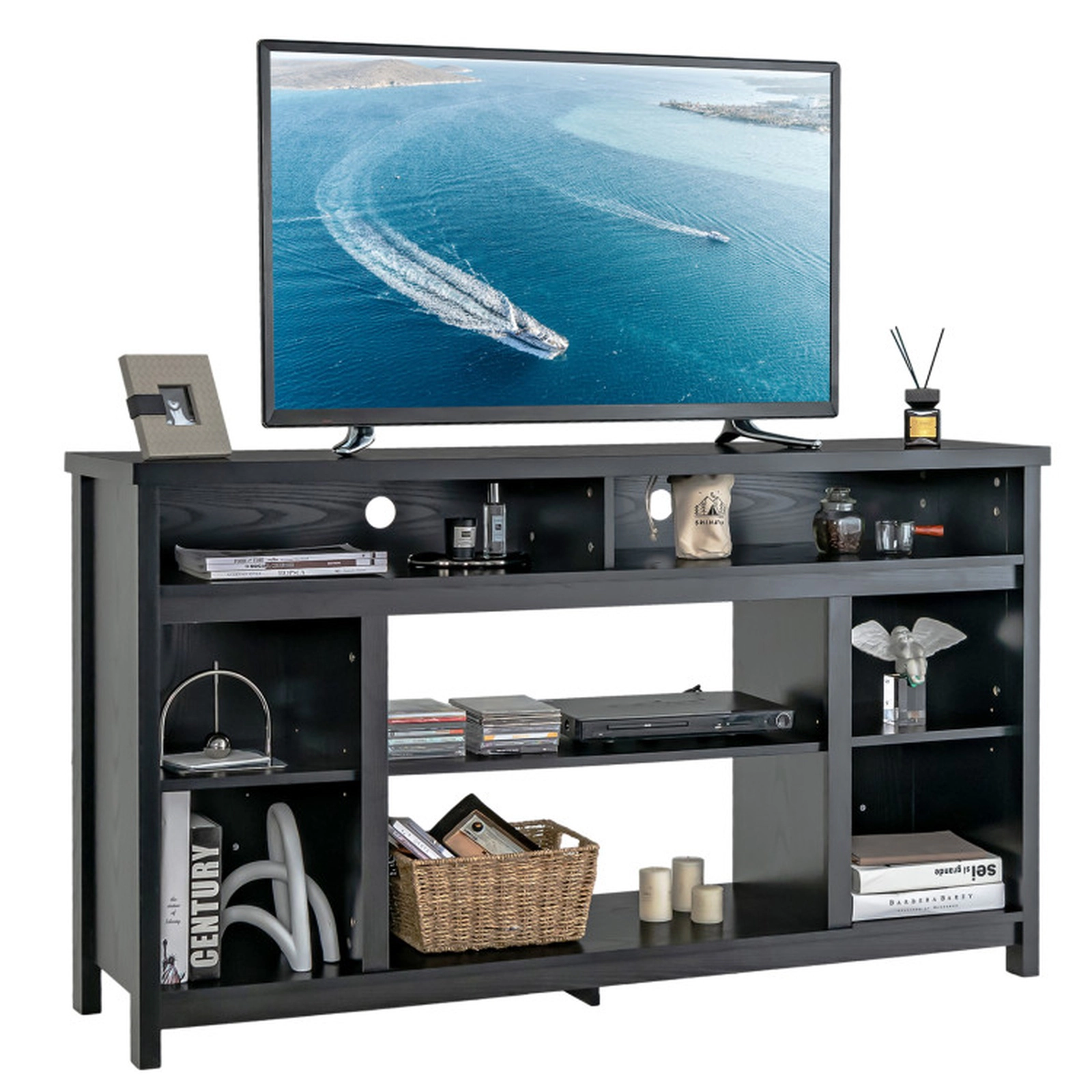 SUGIFT Adjustable Shelves Engineered Wood Media Console TV Stand 58-in x 16-in x 33-in 100-lb Capacity 65-in TV Black