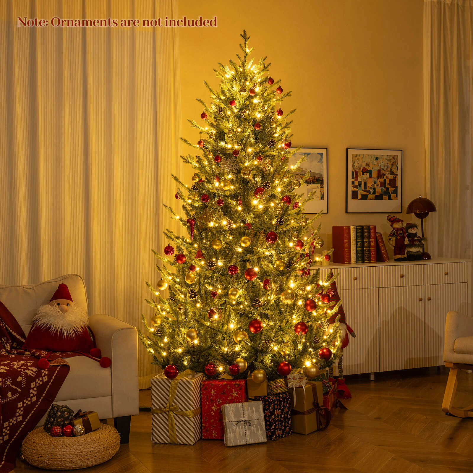 Costway 7.5 FT Artificial Christmas Tree with 1306 Branch Tips 500 LED Lights 48 Pine Cones