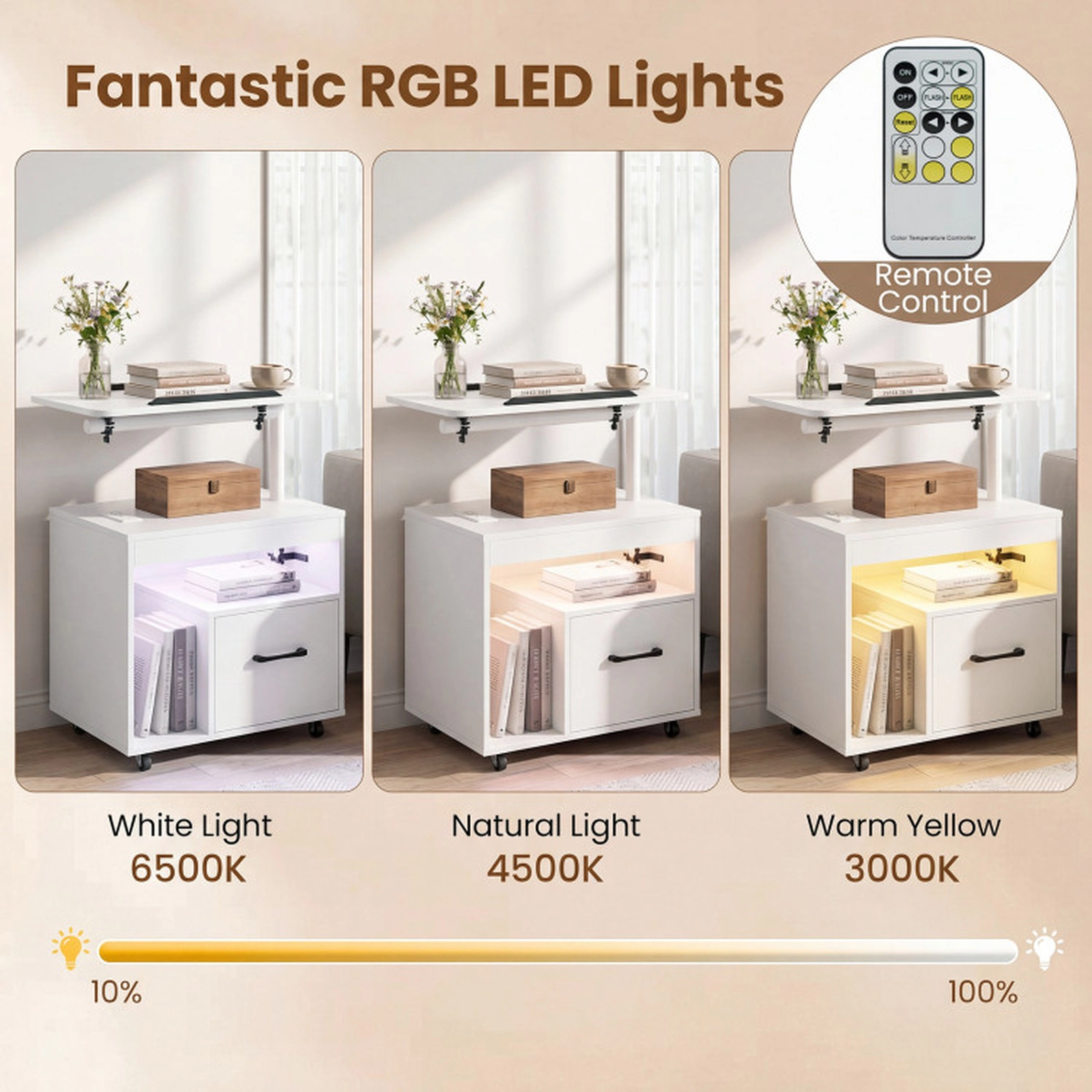 SUGIFT LED Nightstand with Power Outlets Flip Over & Rotatable Tabletop Bedside Table with Drawer & Storage Shelf White