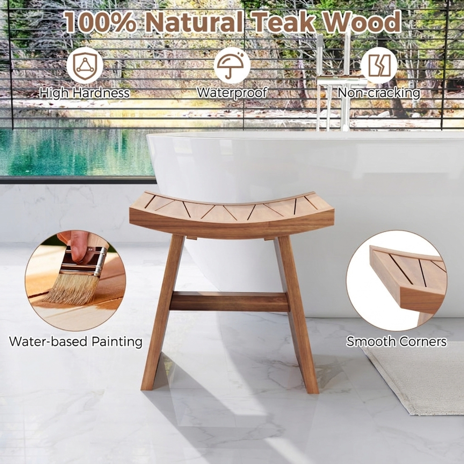 SUGIFT 18-Inch Teak Wood Shower Bench, Curved Seat, 350-Lb Capacity