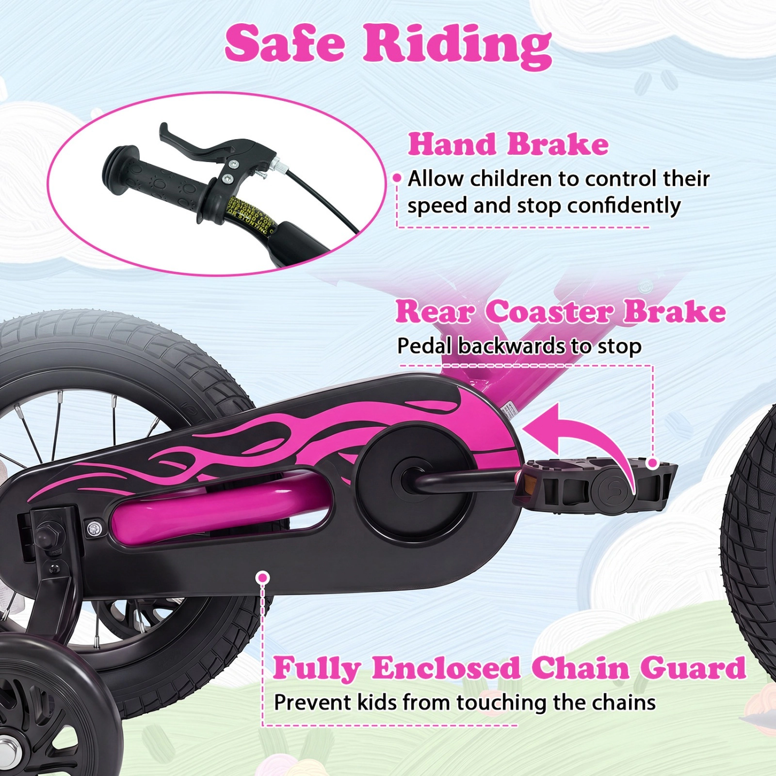 12-in Kids Bike with Number Plate Race Graphics Training Wheels Bell and Reflectors for Ages 3-4 Pink Bicycle