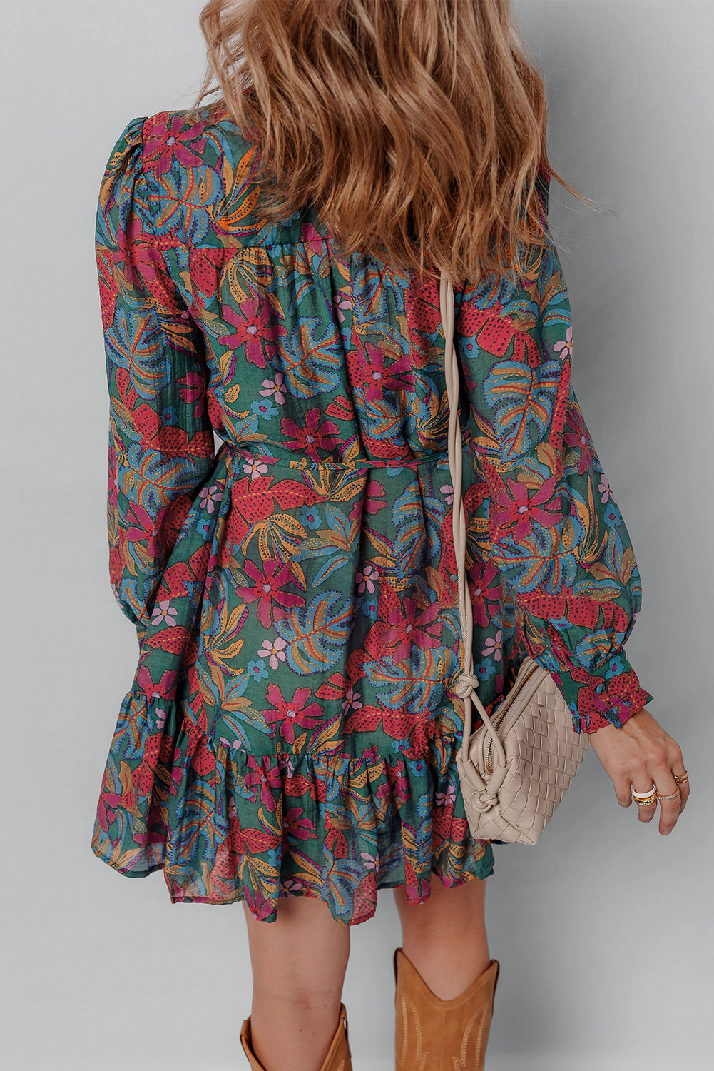 Threaded Pear Women's Maria Floral V Neck Puff Sleeve Dress