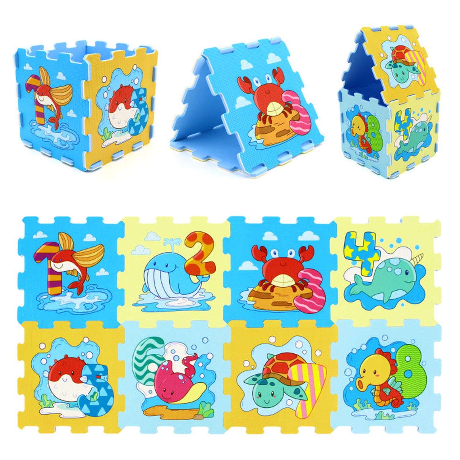 SUGIFT 8-Piece 12-in Educational Interlocking EVA Foam Baby Play Mat with Removable Animals and Numbers