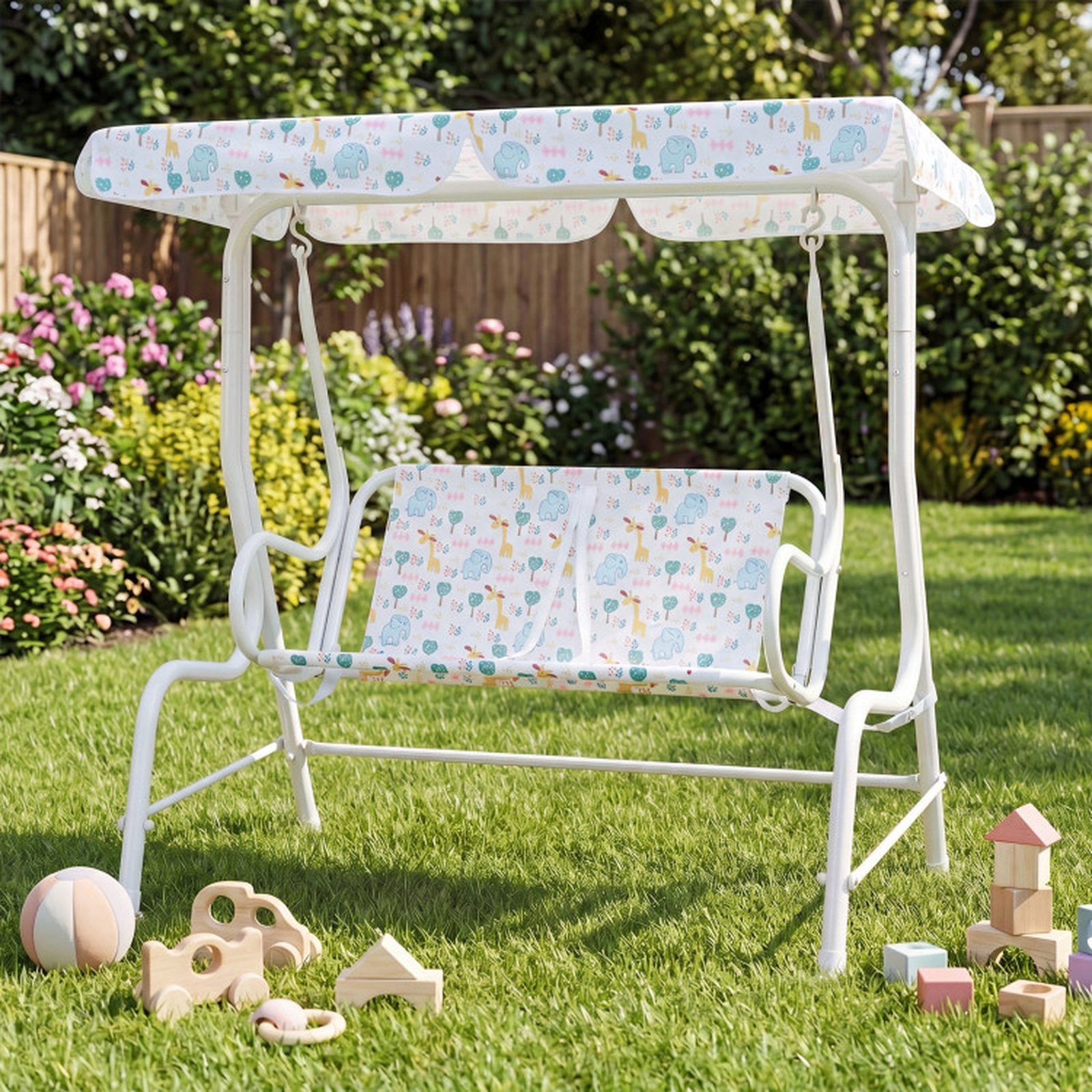 SUGIFT 2-Seat Kids Swing Chair, Triangle Metal Frame, Backrest, Rotating Canopy, White