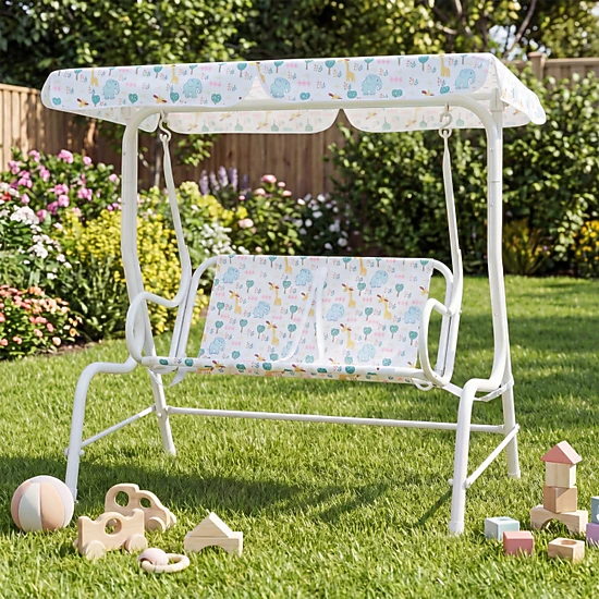 SUGIFT 2-Seat Kids Swing Chair, Triangle Metal Frame, Backrest, Rotating Canopy, White