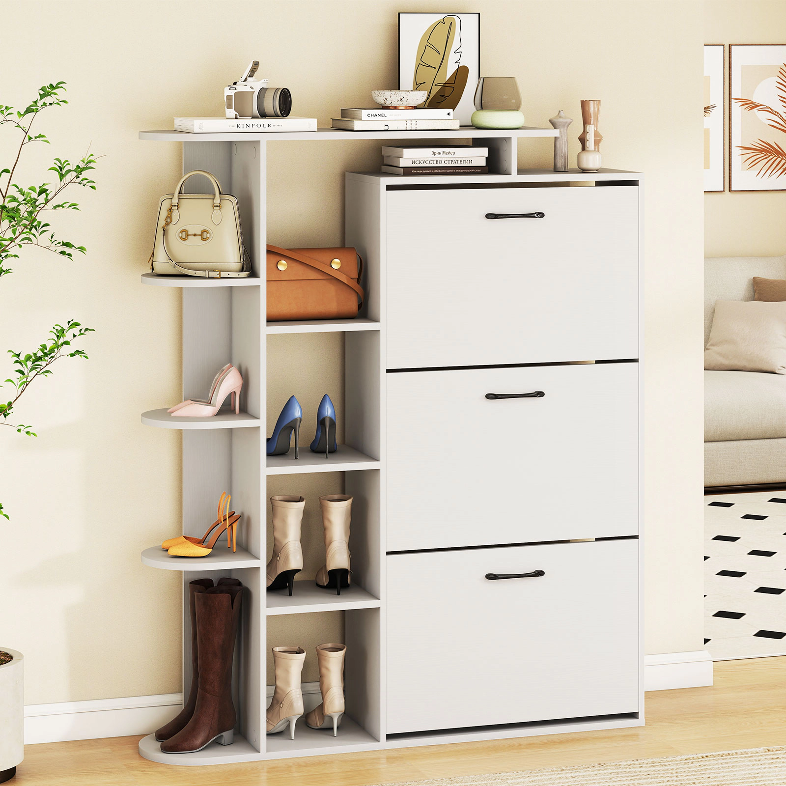 SUGIFT White 50.5-in Tall Entryway Shoe Cabinet with 3 Flip Drawers Adjustable Shelves and Open Cubbies