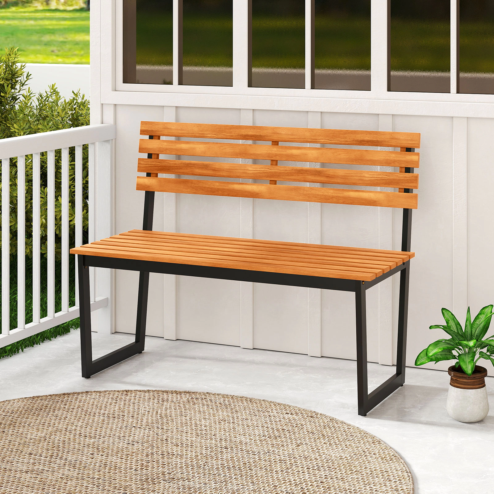 LJG Outdoor Bench Acacia Wood Patio Loveseat with Backrest and Heavy Duty Metal Frame