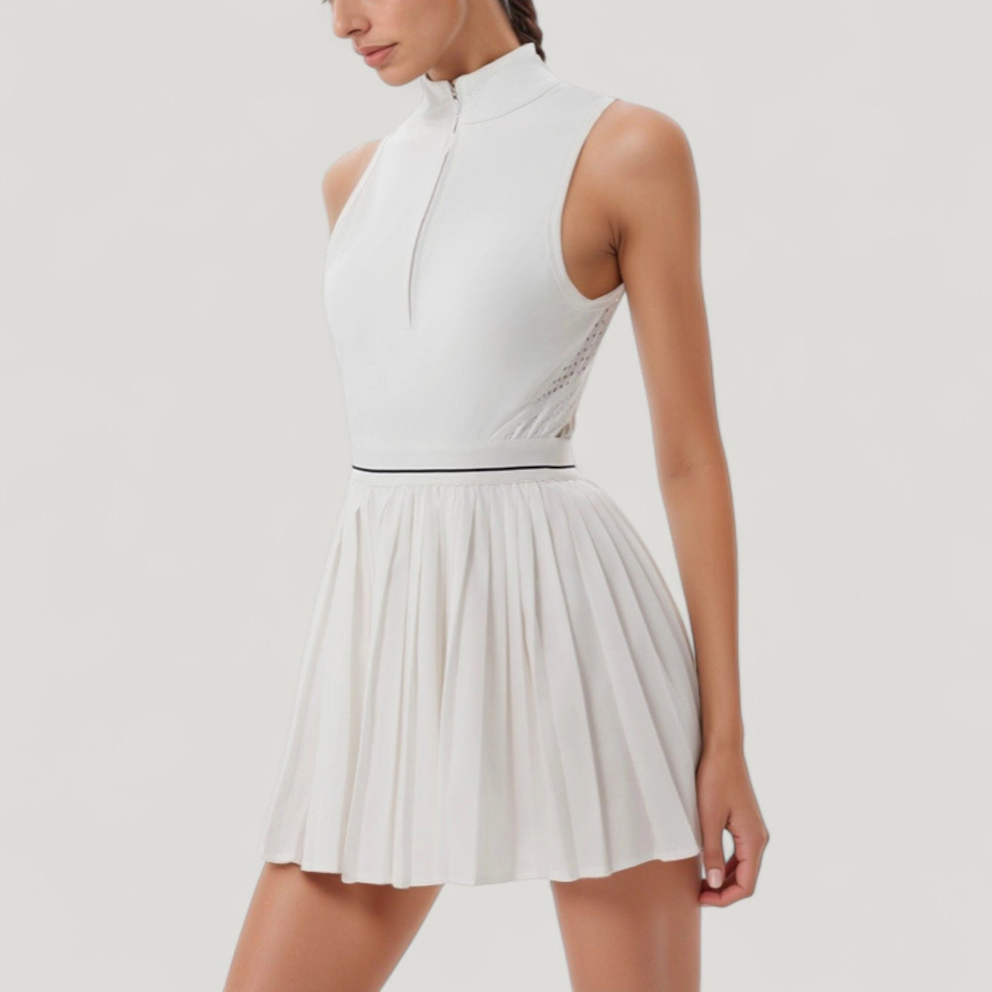 Anna-Kaci Women's Sleeveless Zip Front High Neck Tennis Dress with Pleated Skirt and Contrast Waist Trim