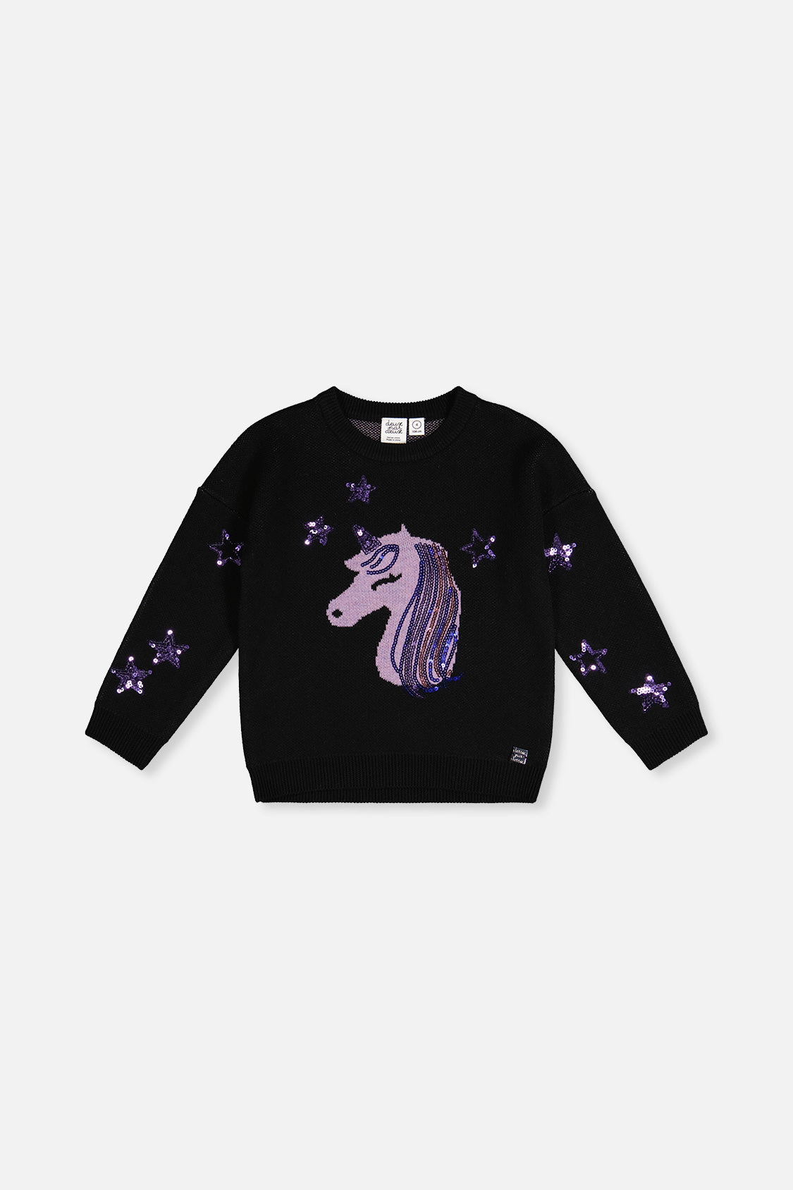 Deux par Girls Sequin Unicorn Intarsia Knitted Sweater
