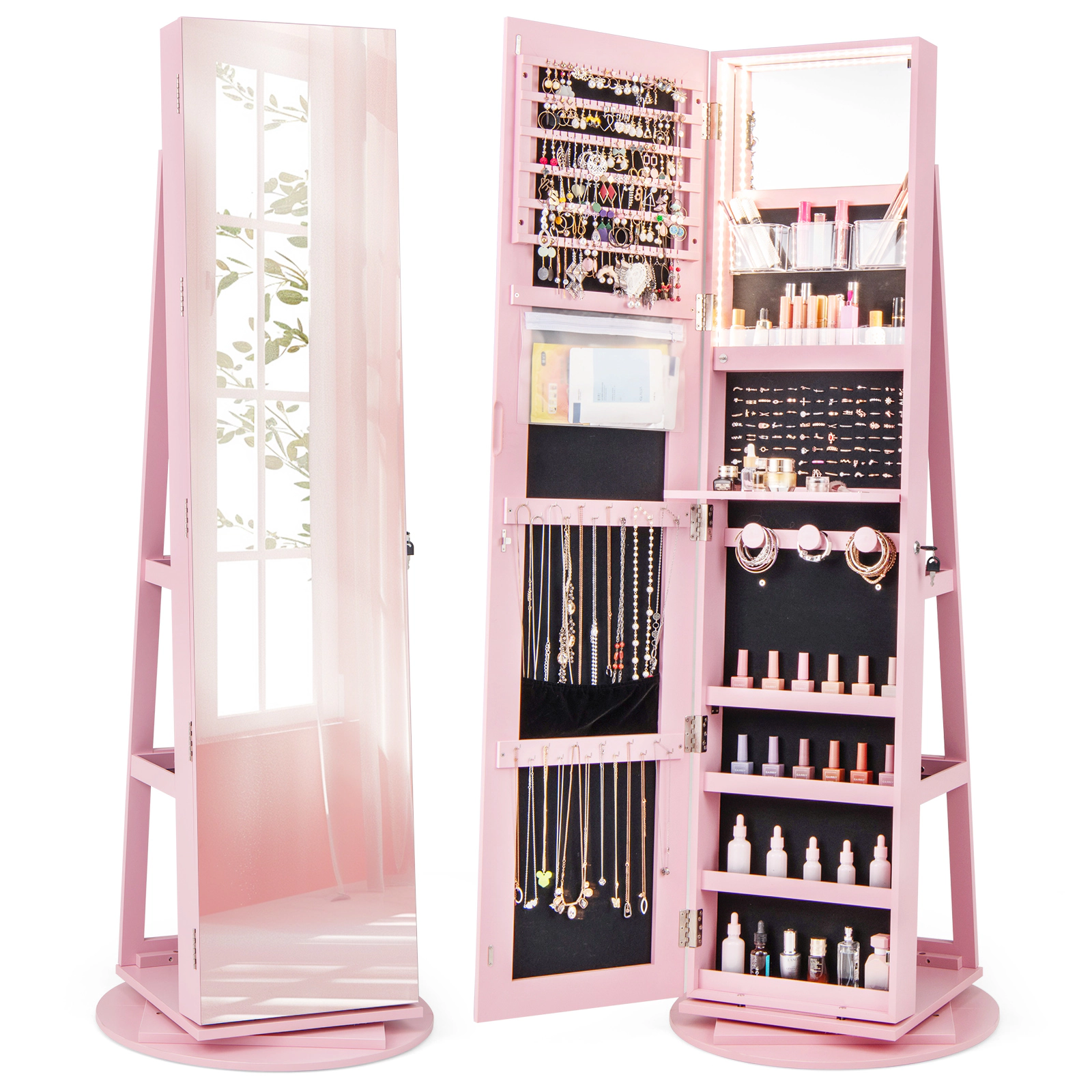 SUGIFT 3-in-1 360° Rotating Mirrored Jewelry Cabinet Armoire 3-Color LED Mirror Lockable 63.5-in Tall MDF Plastic Pink