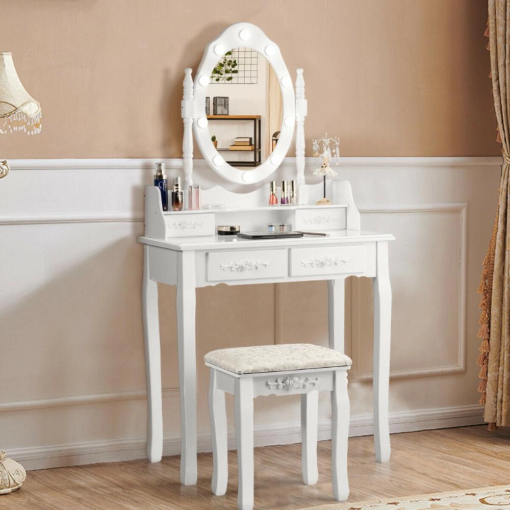 Hivvago Makeup Vanity Dressing Table Set With Dimmable Bulbs Cushioned Stool