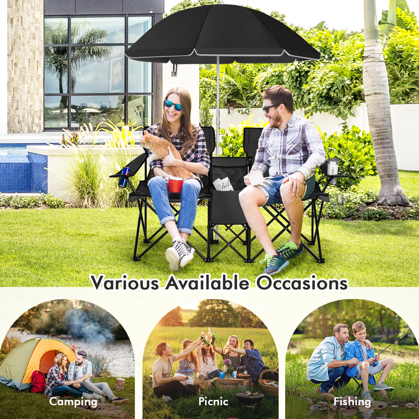 SUGIFT 2-Person 600-lb Capacity Folding Double Chair Loveseat with Height-Adjustable Umbrella and Cooler Bag