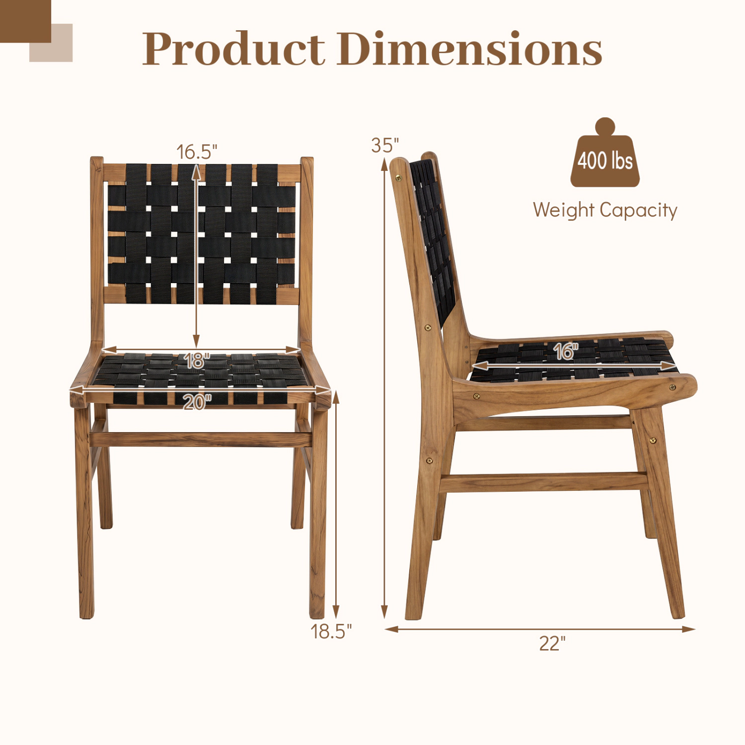 LJG Solid Teak Hand-Woven Strap Outdoor Dining Chair with Flex Support for Deck Garden