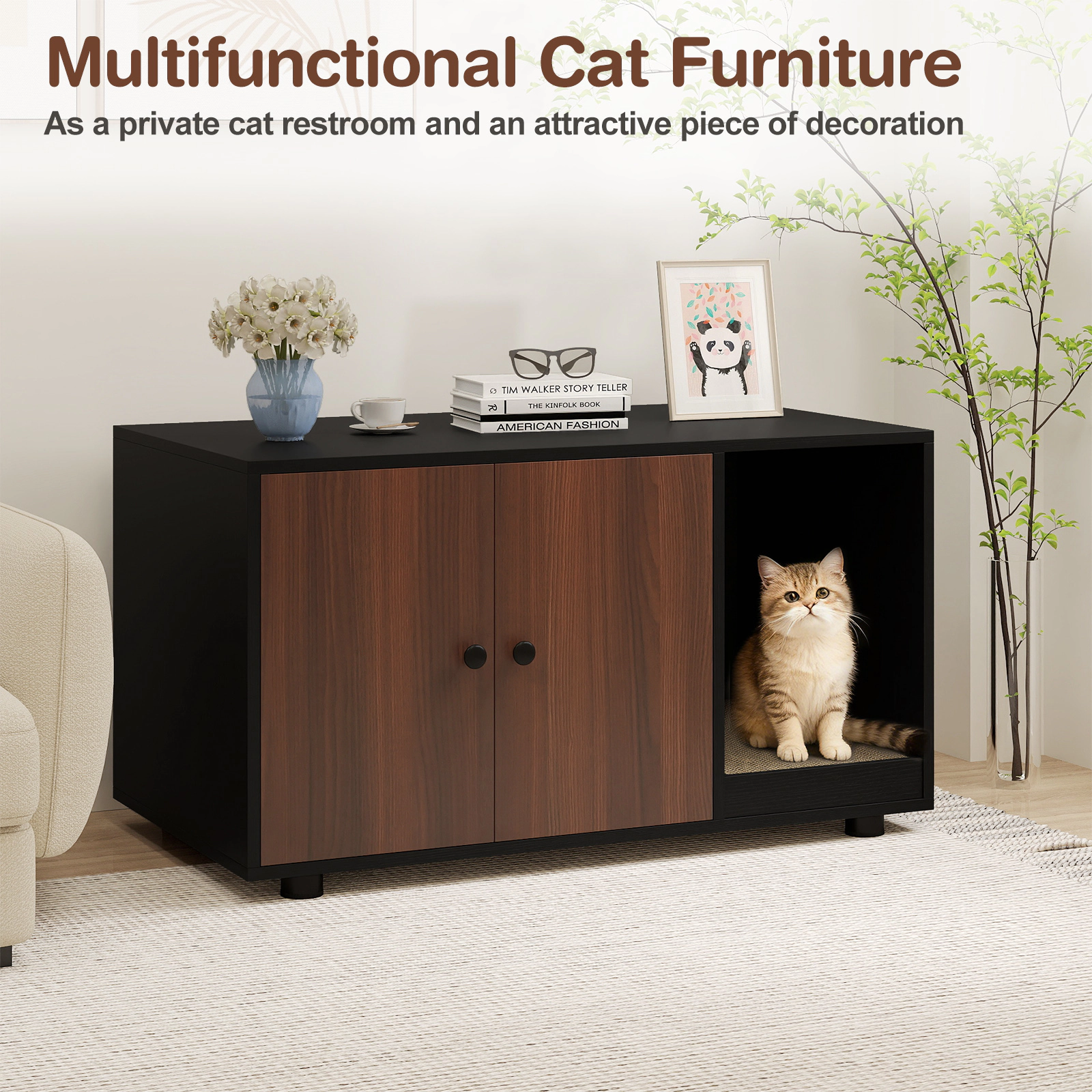SUGIFT Black Cat Litter Box Furniture with Scratching Board 35.5-in W 20-in D 20-in H 88-lb Tabletop Capacity