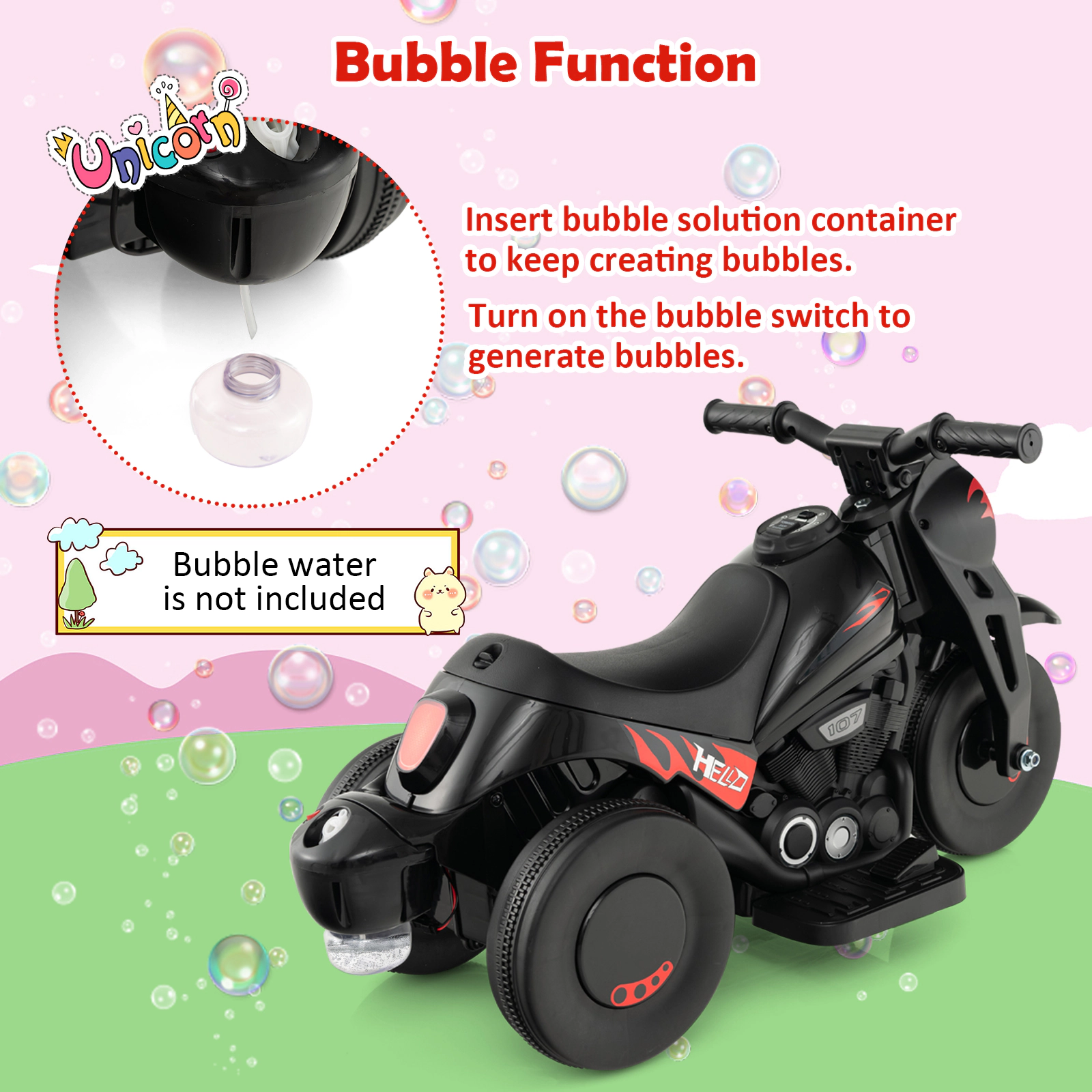 SUGIFT 6V Kids Electric Ride-On Motorcycle with Bubble Maker and Music 66-lb Capacity 32-in Long Seat 11 x 6.5 in Black