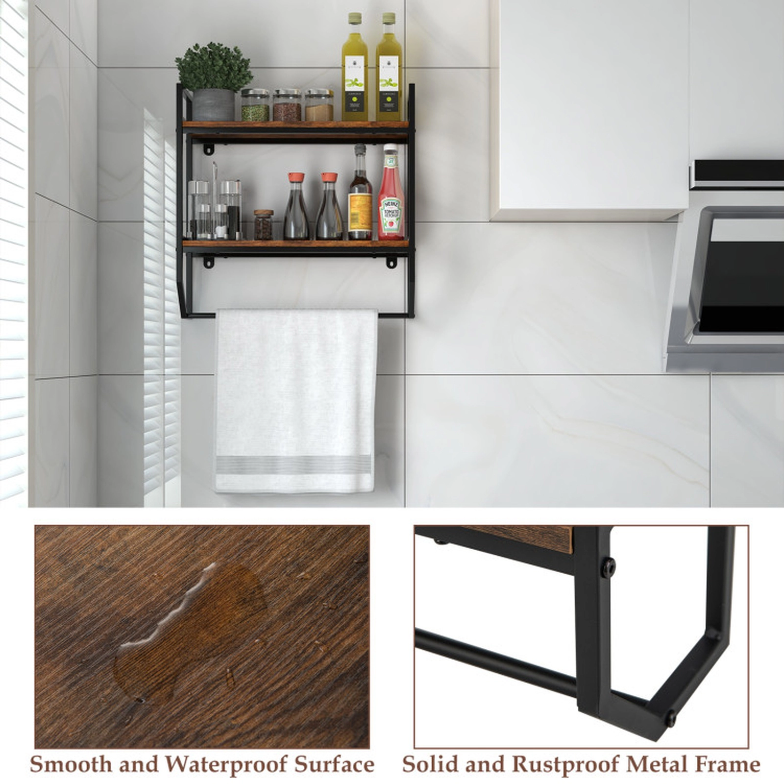 SUGIFT 23-in 2-Shelf Wall Mounted Over the Toilet Storage Shelf with Round Metal Towel Bar and Rustproof Frame