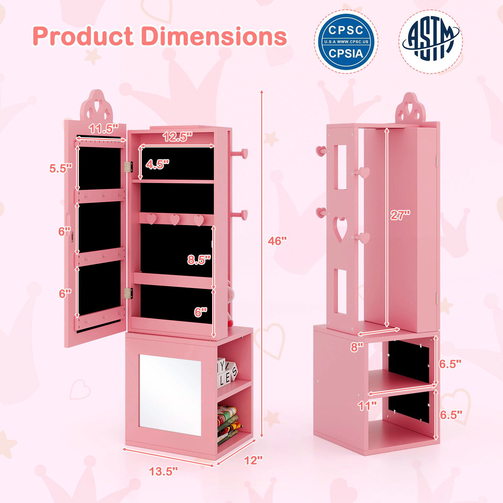 SUGIFT Kids Jewelry Cabinet and Dress-Up Organizer with Floor-Length Mirror and Back Panel Hooks