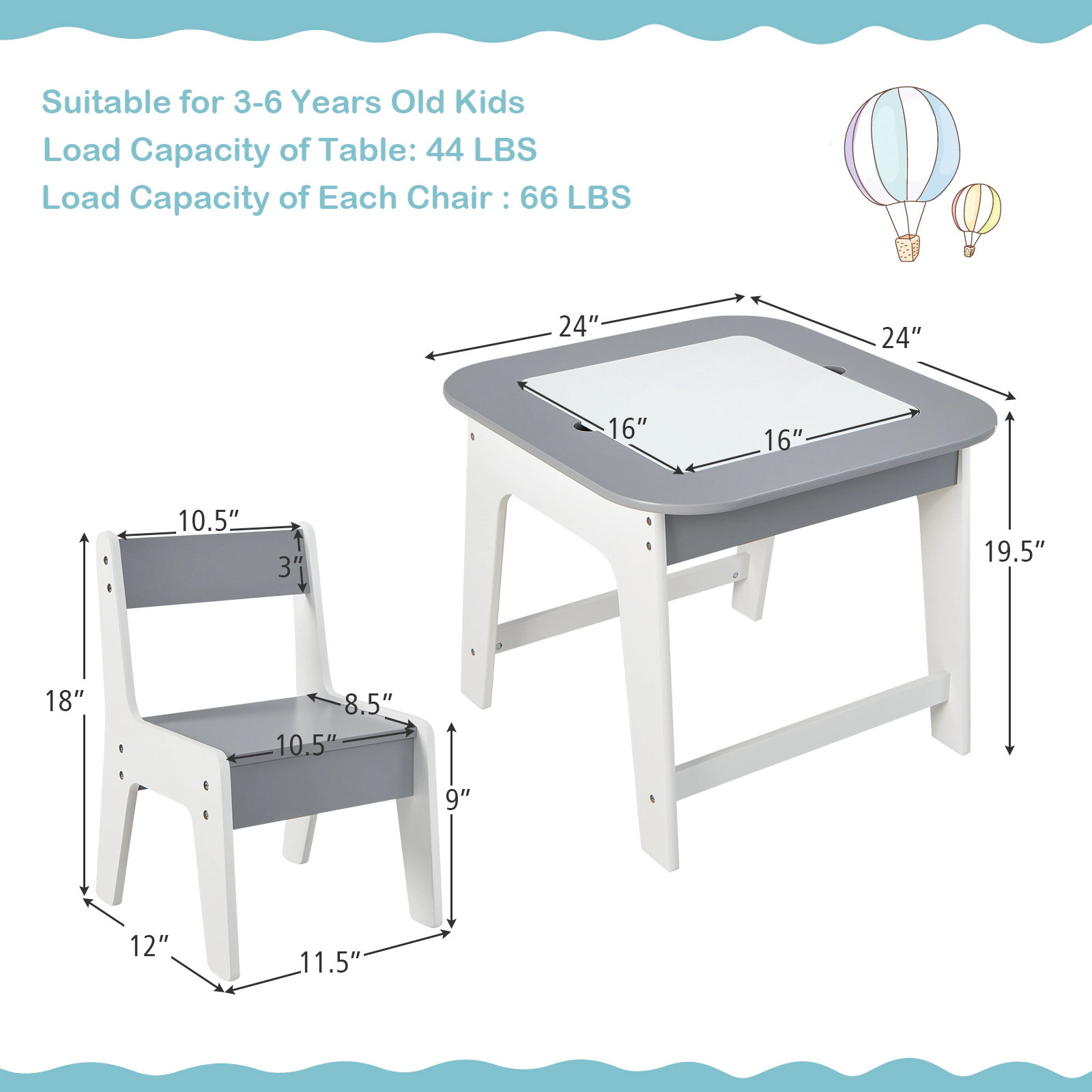 SUGIFT Double-Sided Kids Table and 2 Chair Set 19.5-in Tall 44-lb Table 66-lb Chairs Ages 3-6 Natural/Gray