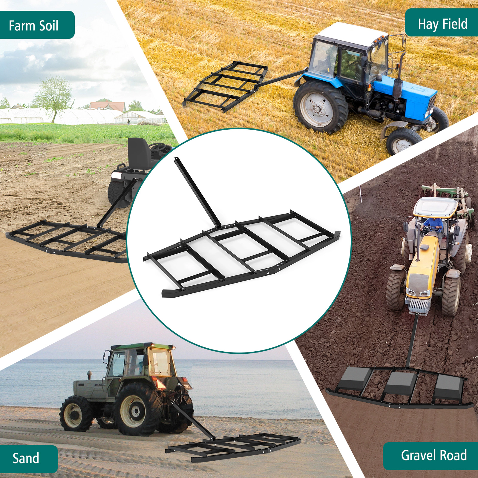 LJG 84 Inch Wide Driveway Drag Tow Behind Landscape Leveling Rake with Reinforced Bars