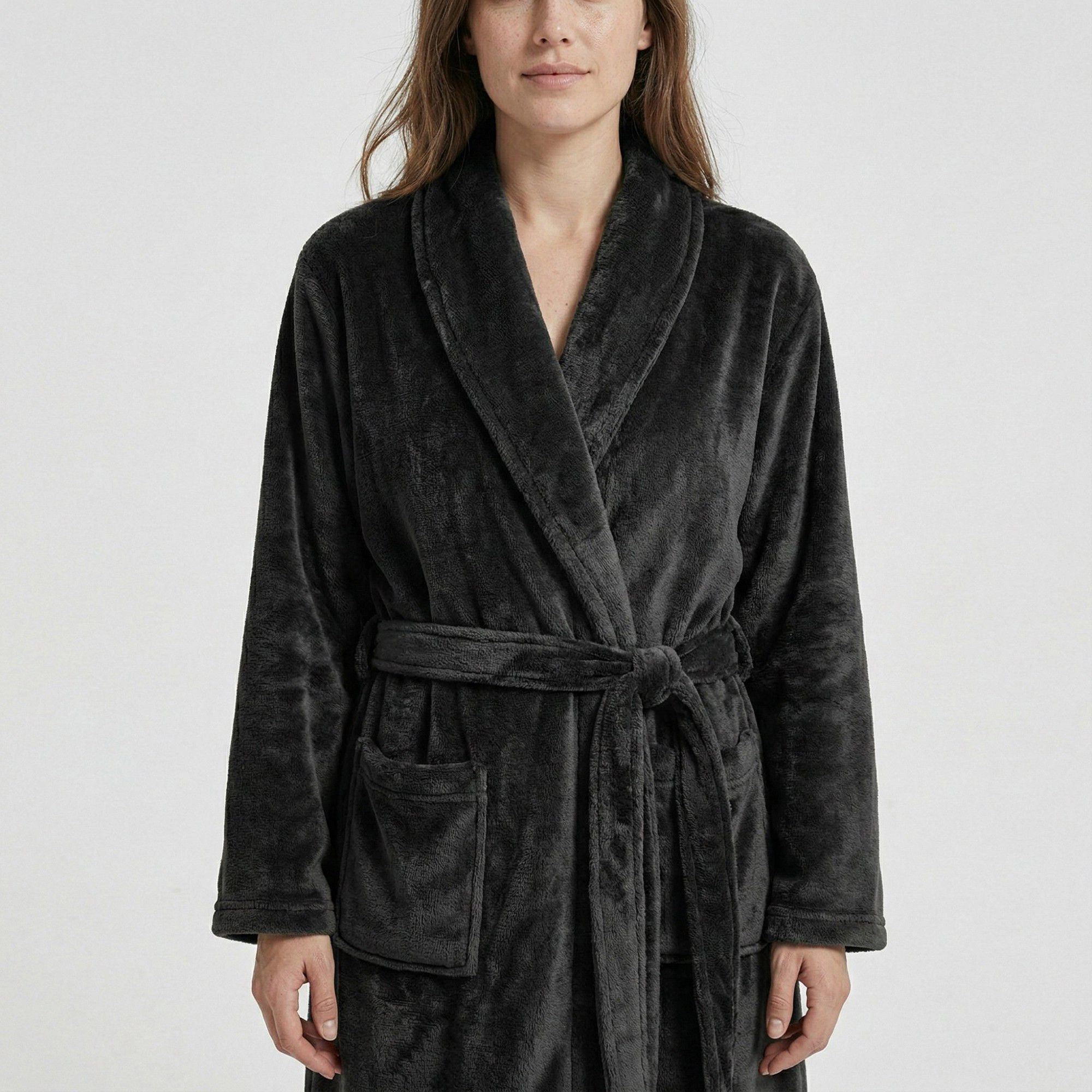 Anna-Kaci Women's Plush Shawl Collar Long Bathrobe Full Length Wrap Adjustable Waist Tie Sleeves and Front Pockets