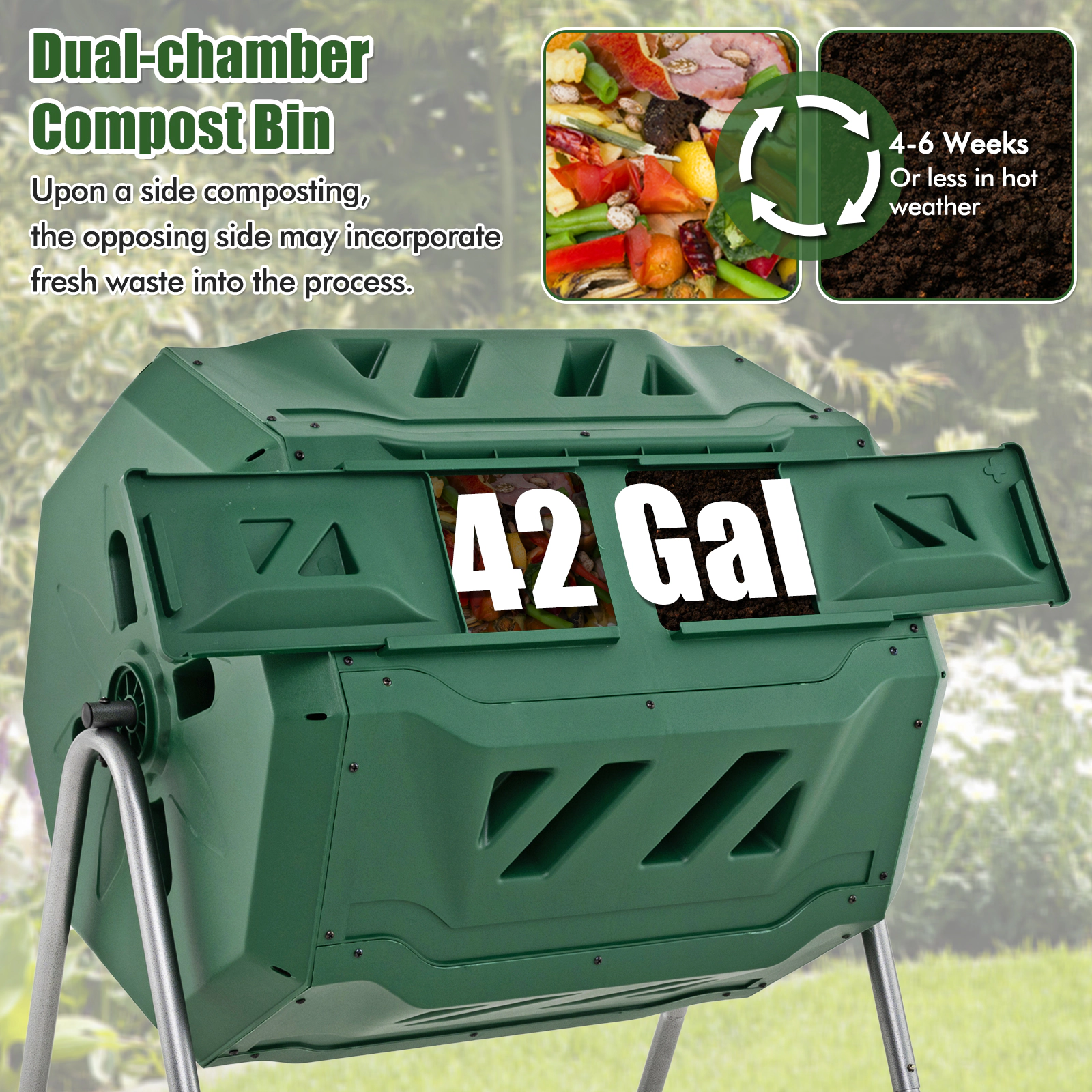 SUGIFT 43-gal Dual Chamber Rotating Compost Bin Barrel with Sliding Doors and Deep Aeration Fins
